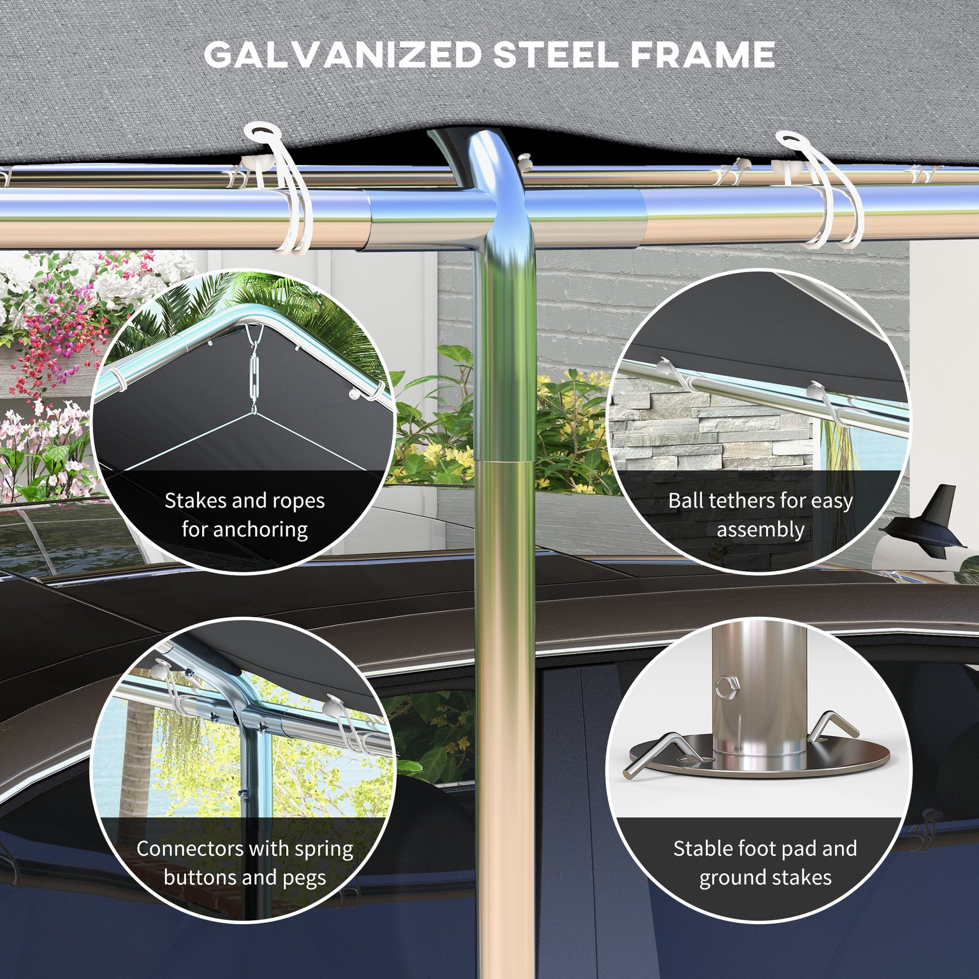 Galvanized steel frame for outdoor canopy structure showing secure anchor points
