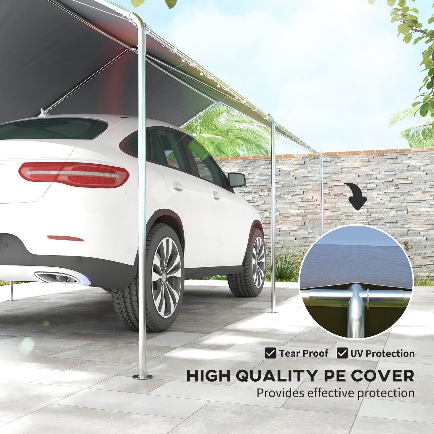 Gray heavy duty car canopy providing UV protection and tear resistance