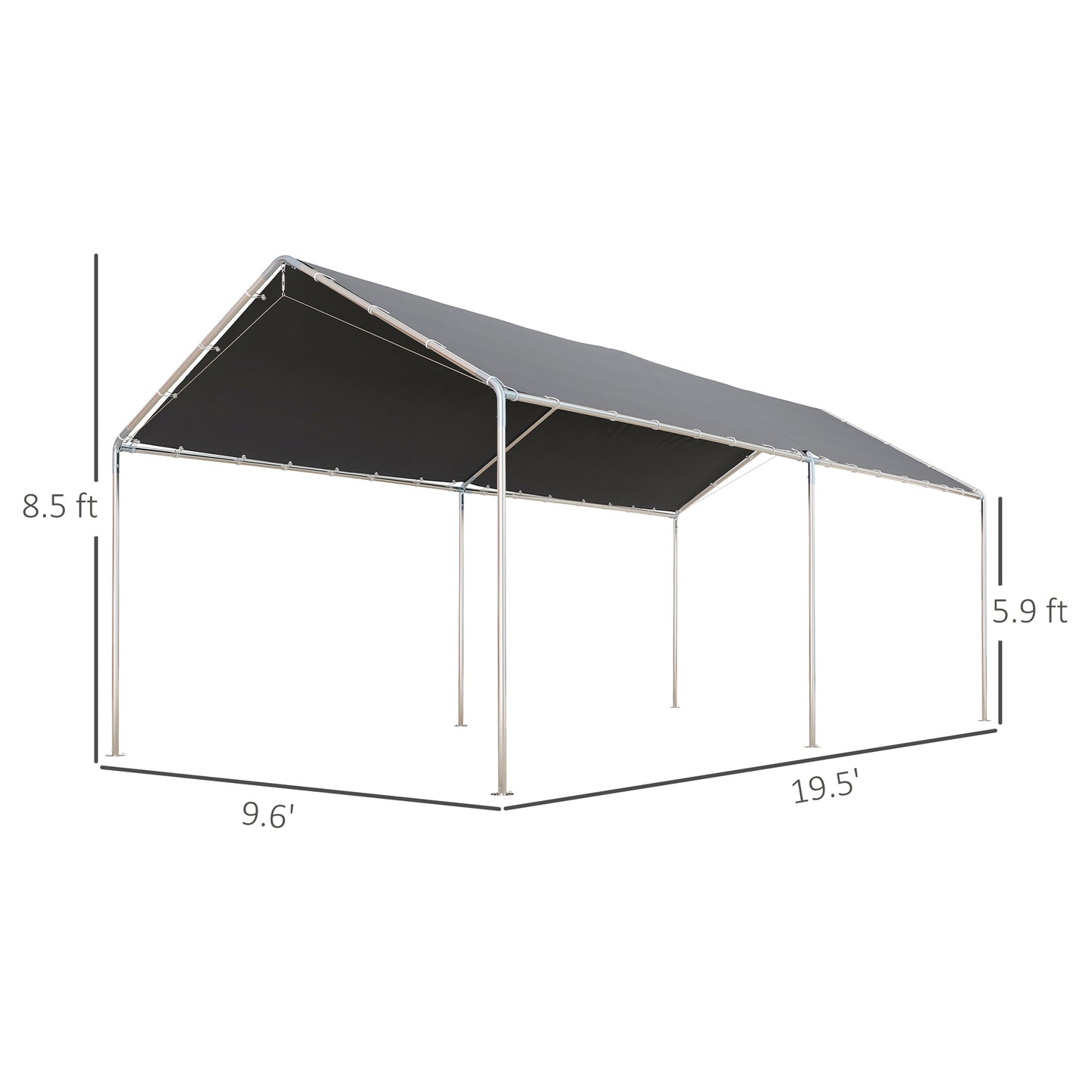 Black carport tent with silver metal frame  ft long providing UV protection