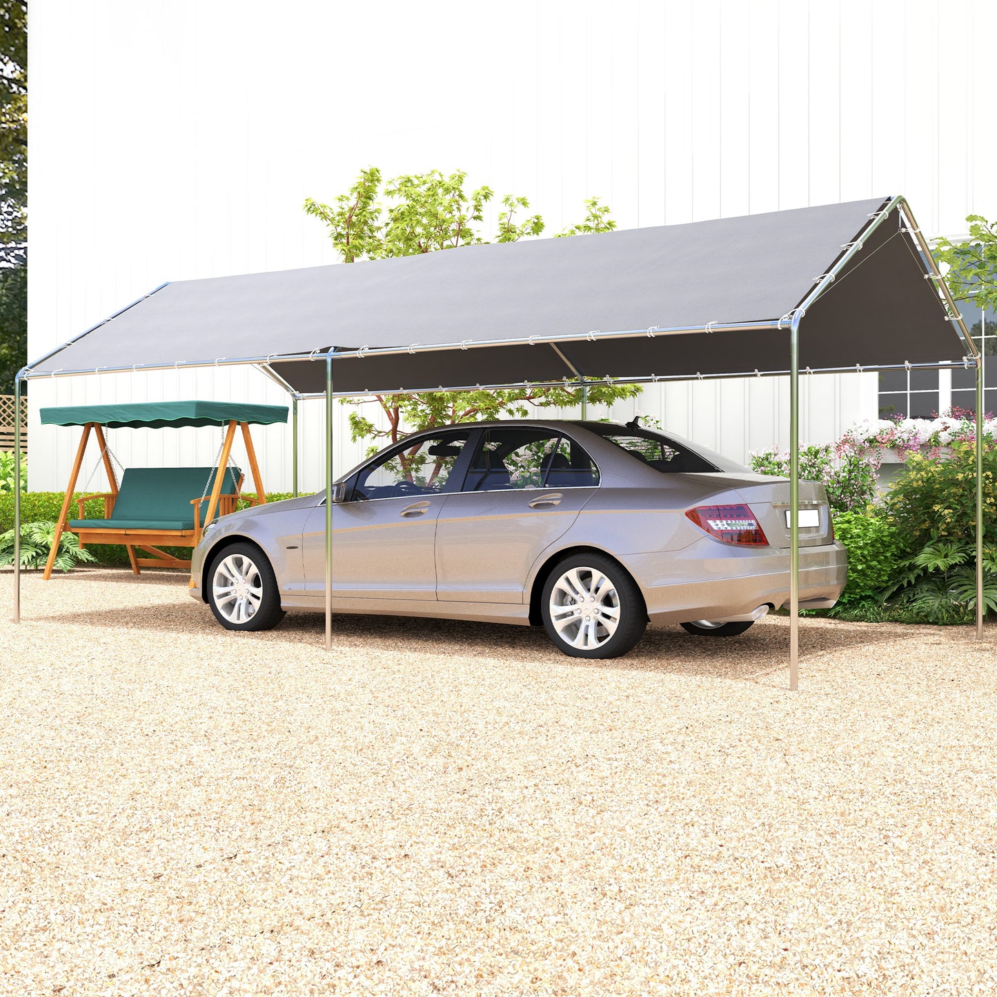 Gray steel frame carport protecting a beige sedan from elements