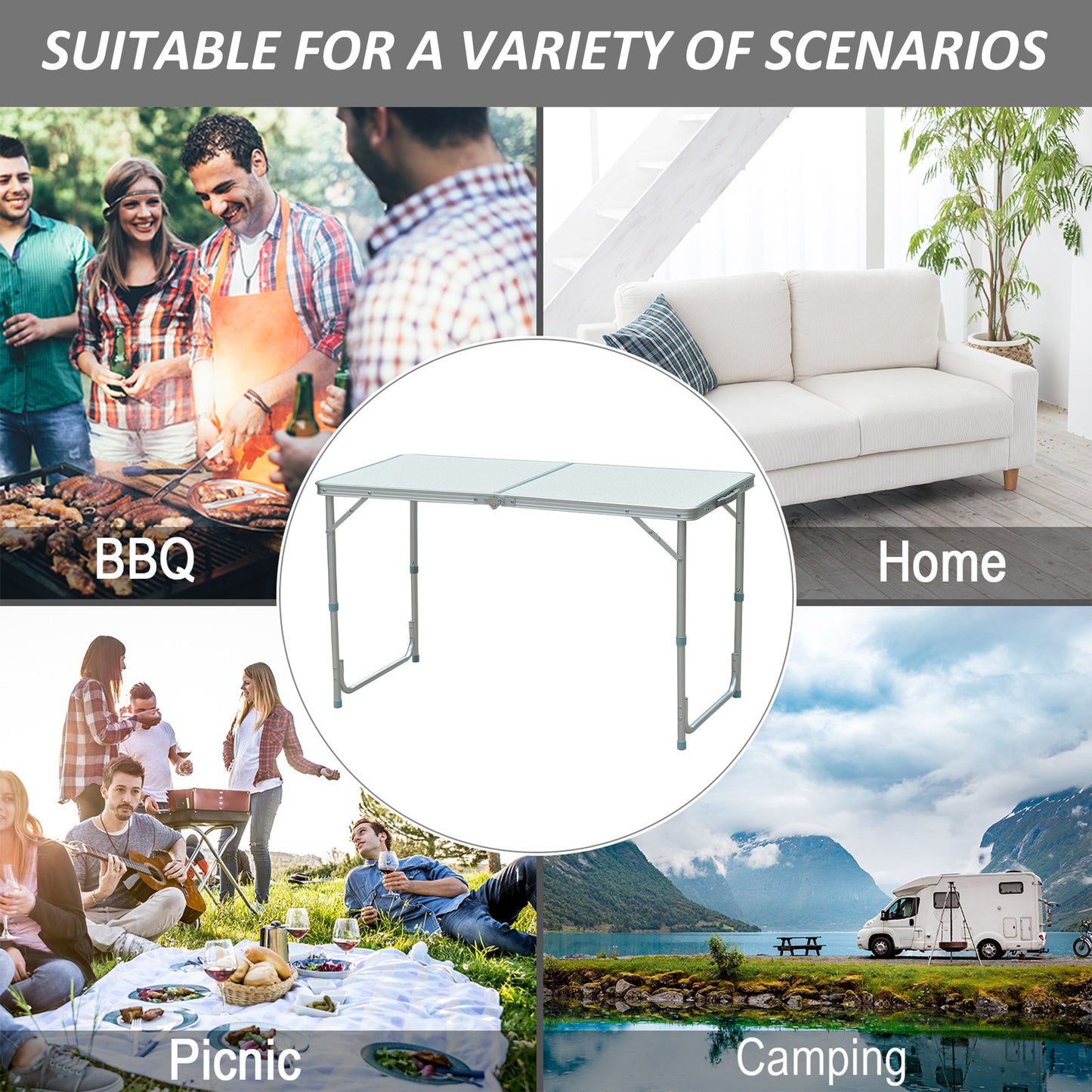 Lightweight aluminum folding table with adjustable legs ideal for picnics and outdoor events