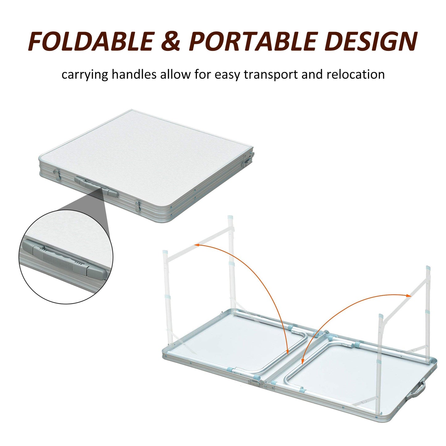 Foldable aluminum camping table shown closed with carrying handles ideal for outdoor use