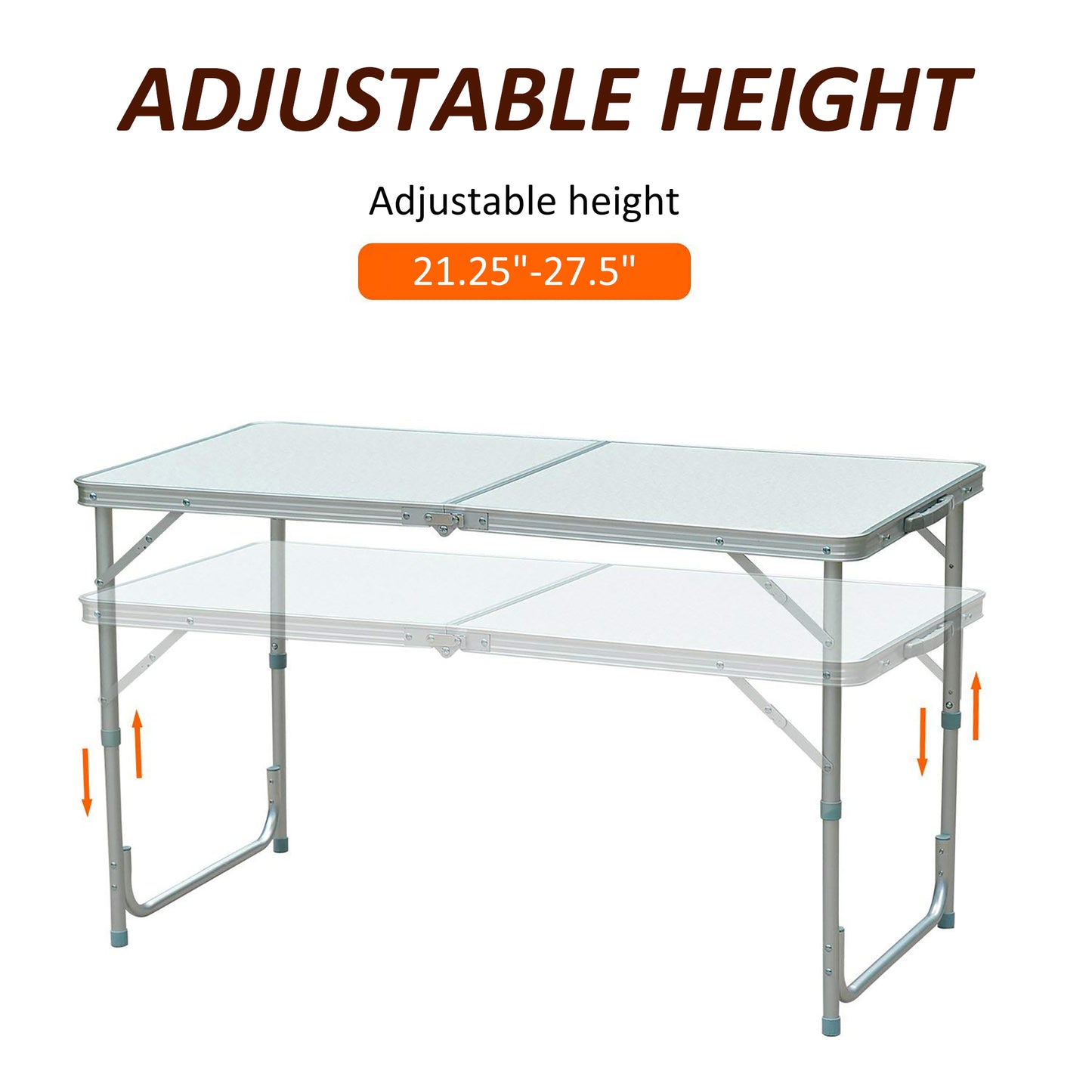 Adjustable height camping table silver aluminum frame foldup design for easy transport