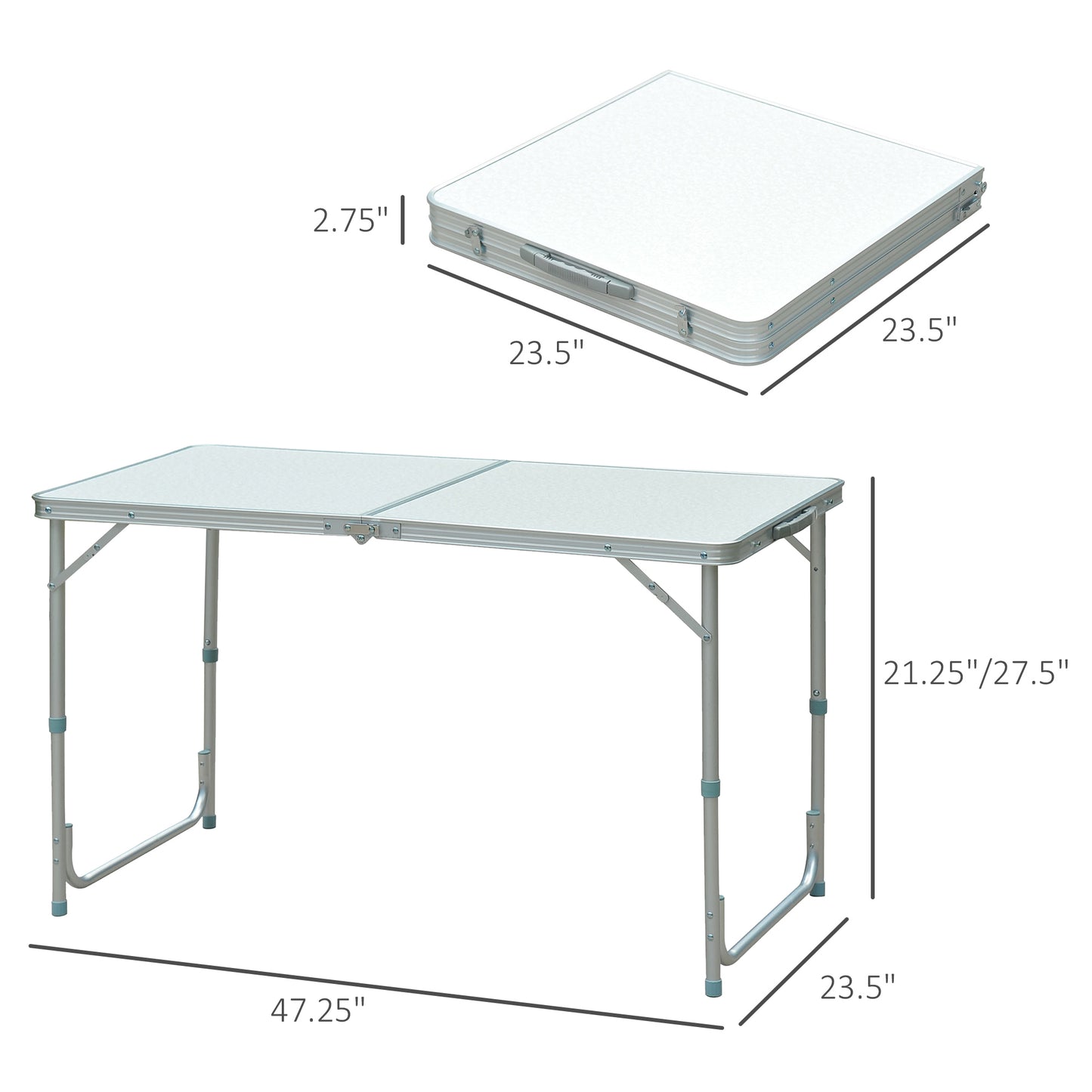 Adjustable height aluminum camping table folded and unfolded views with dimensions