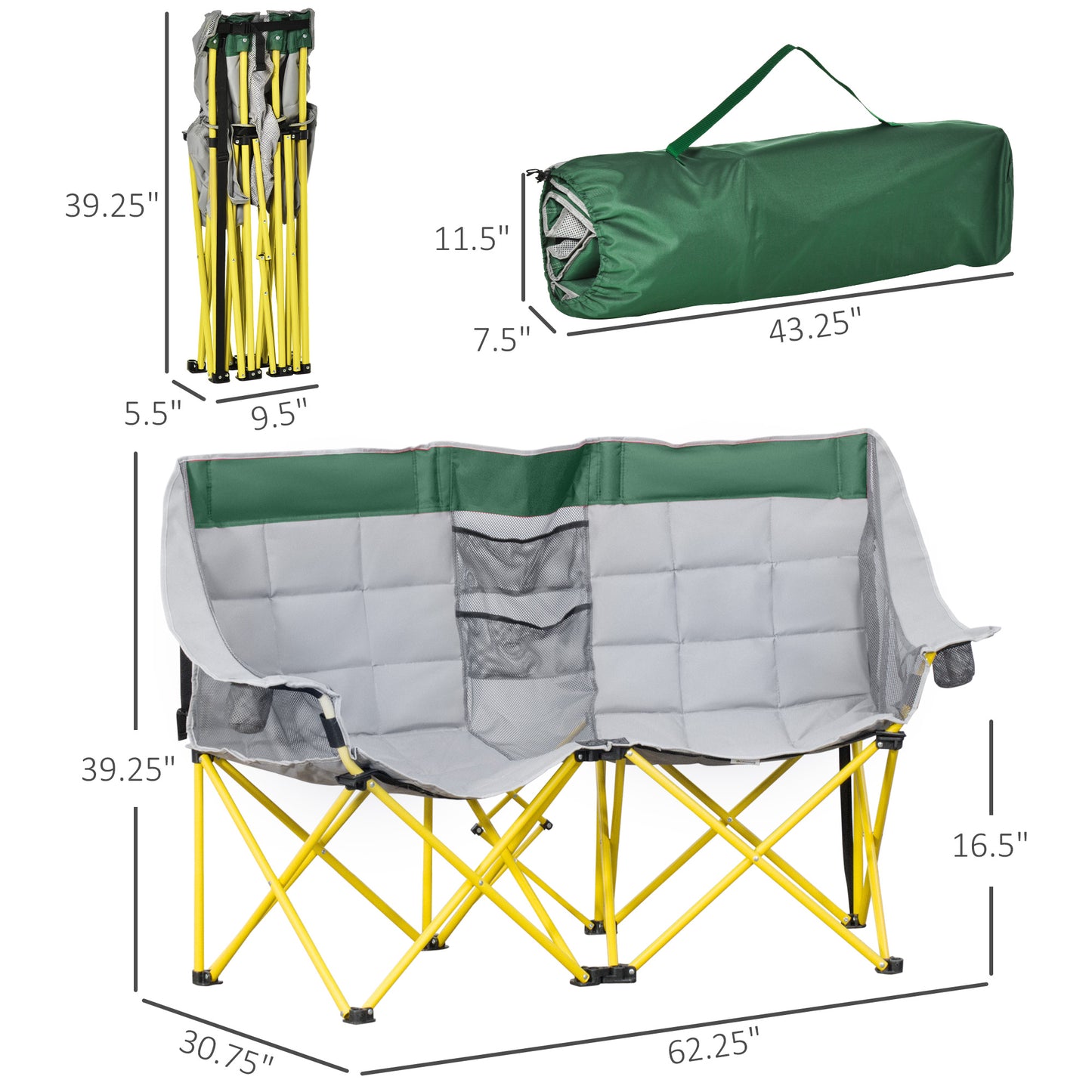 Padded gray and green double camping chair with yellow frame