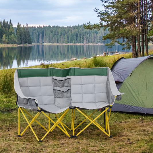 Padded grey and green camping loveseat with yellow frame and mesh pockets