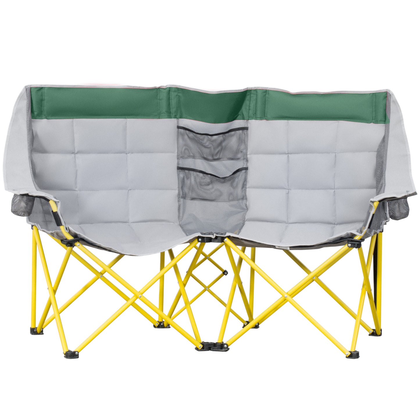 Gray quilted fabric double camping chair with green trim and yellow frame