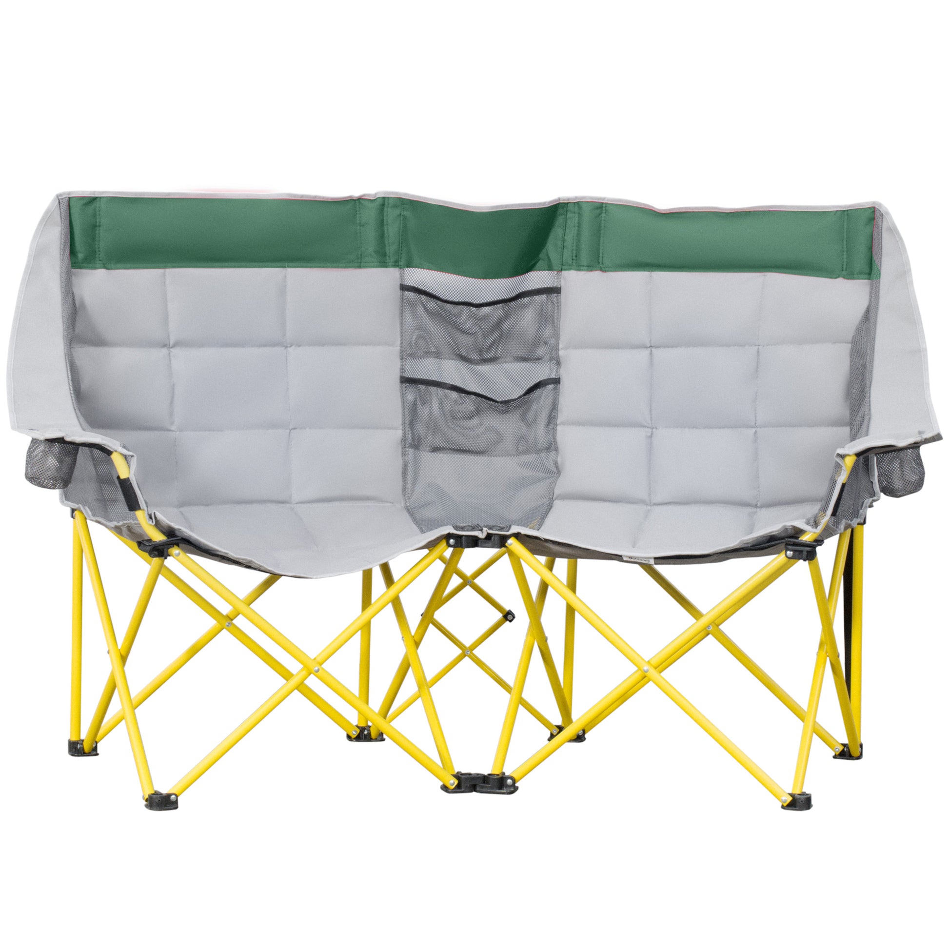 Gray quilted fabric double camping chair with green trim and yellow frame