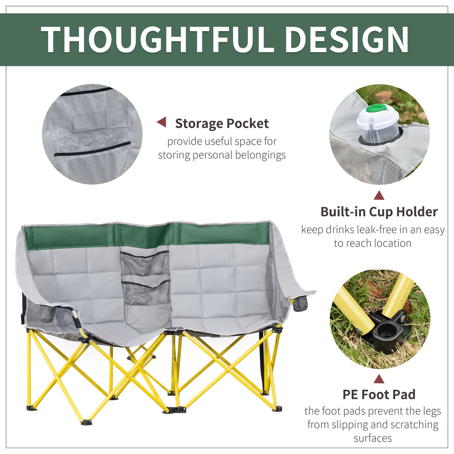Grey and green padded folding chair with mesh storage pockets