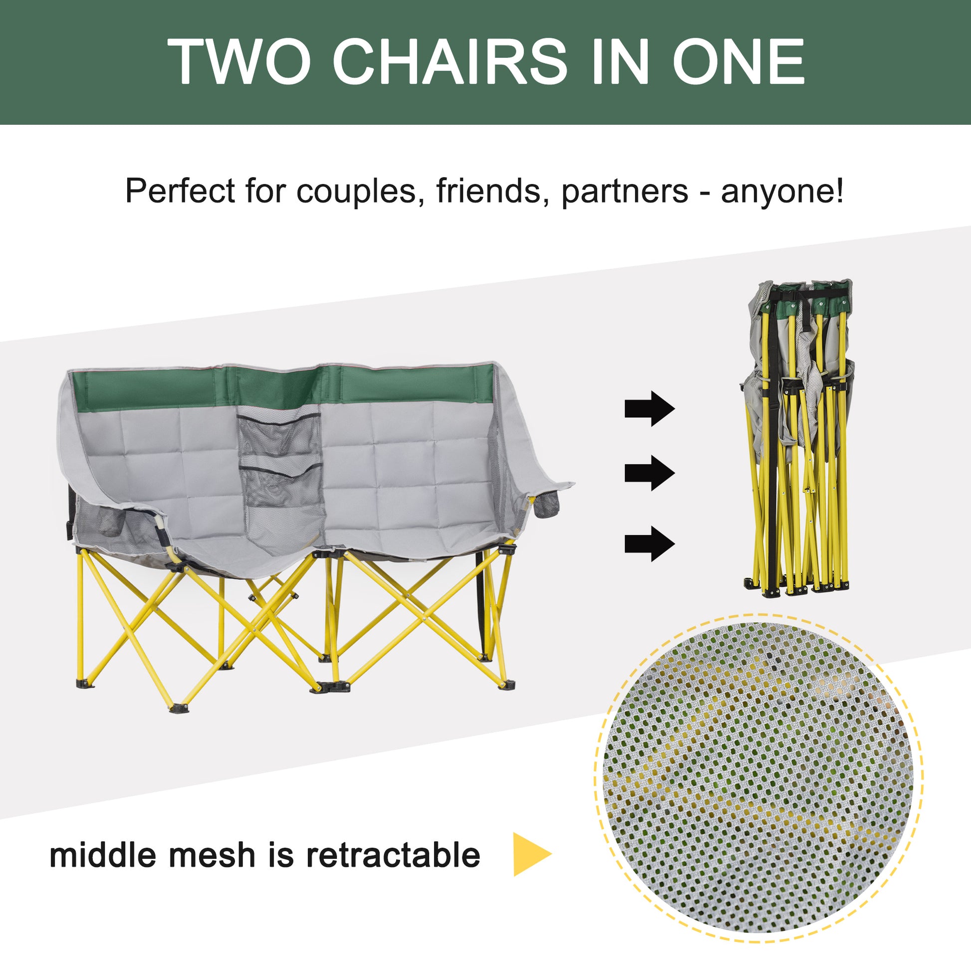 Grey and green double camping chair with yellow frame ideal for outdoor seating