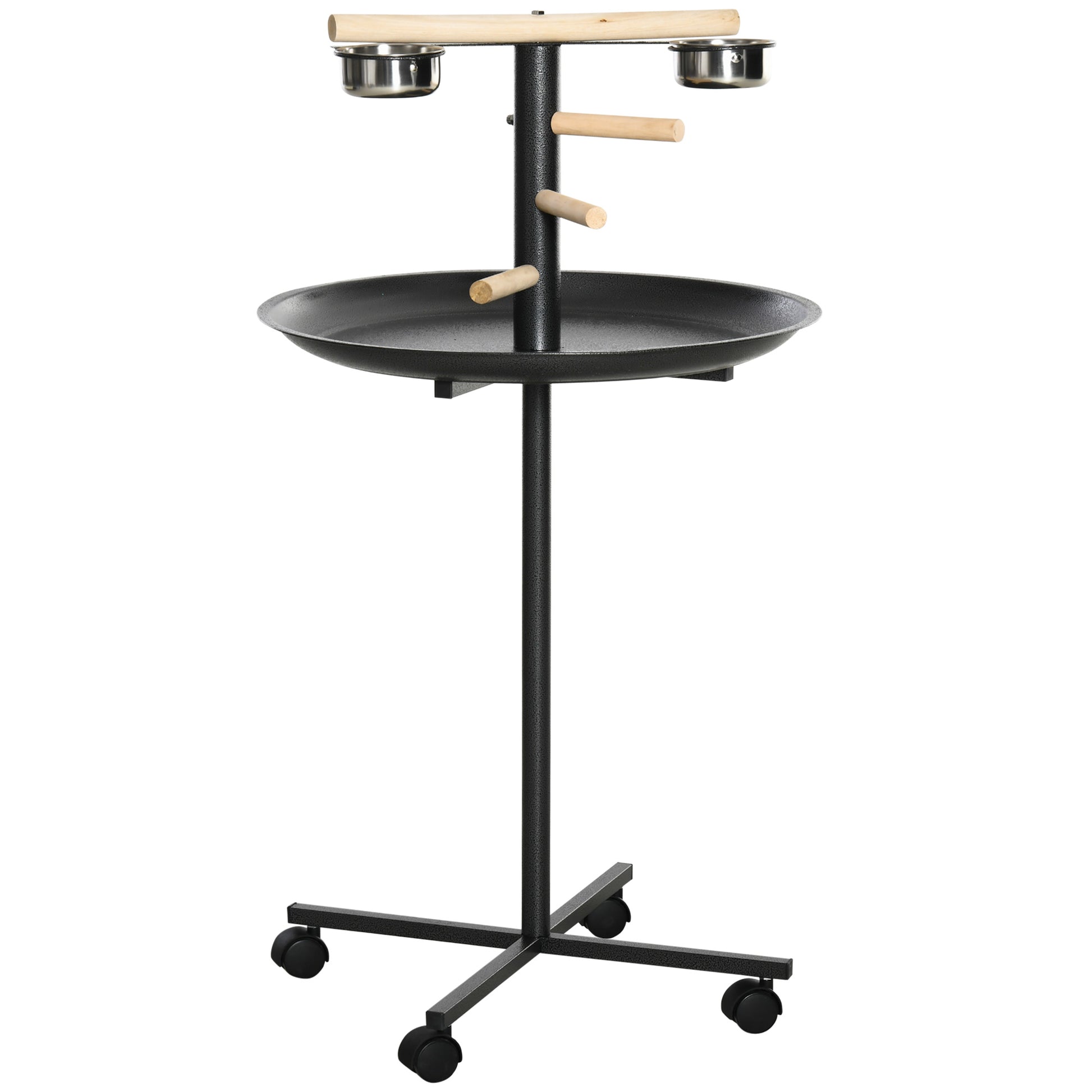 Sturdy metal bird stand with wooden perches and two stainless steel bowls for feed
