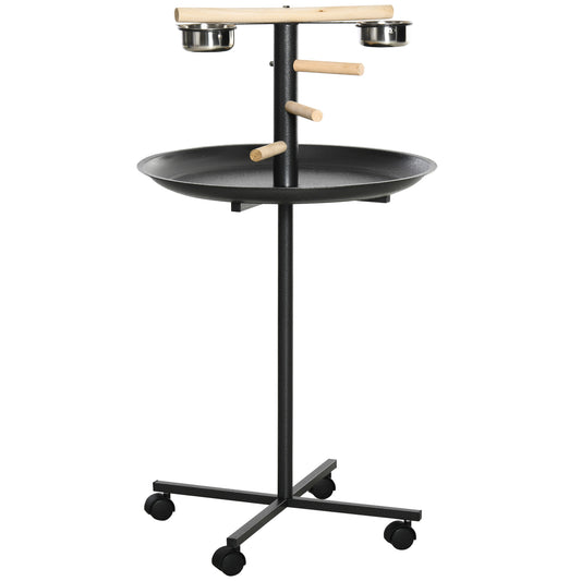 Sturdy metal bird stand with wooden perches and two stainless steel bowls for feed