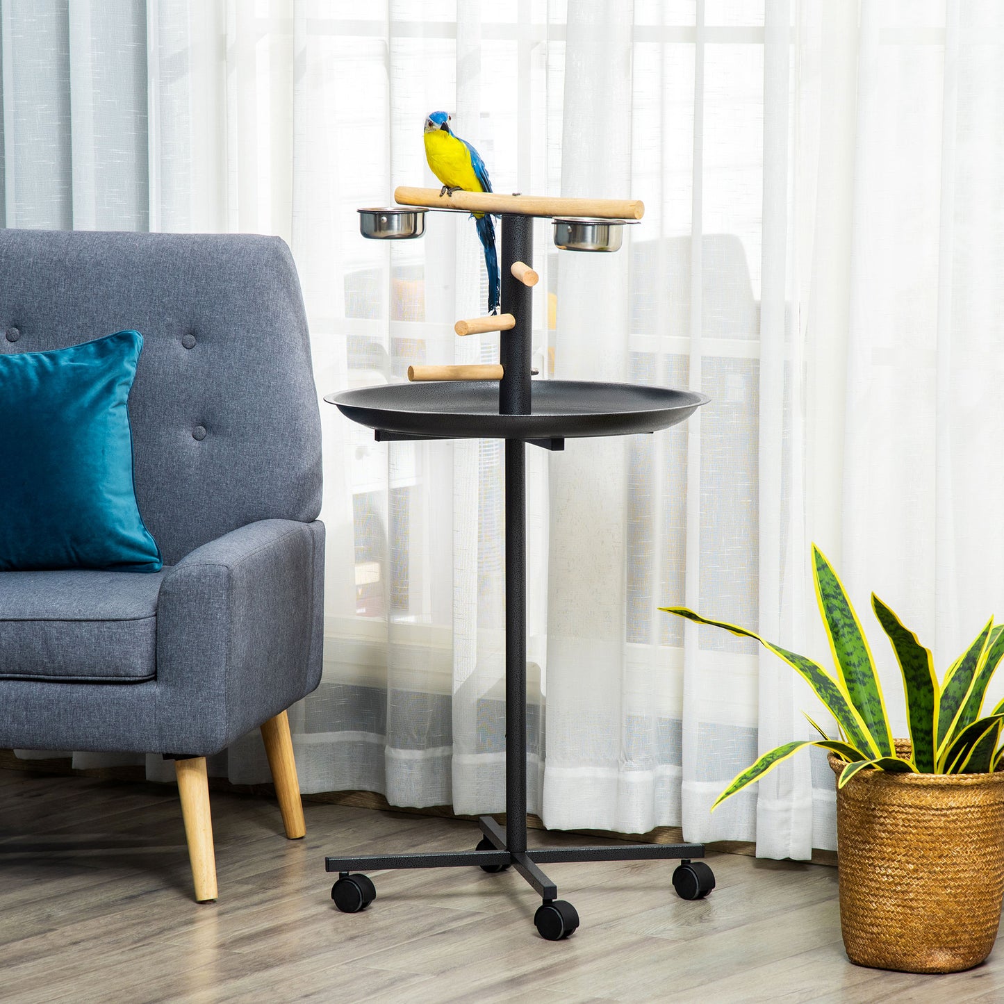 This portable bird stand features adjustable perches and feeding cups for parrot comfort