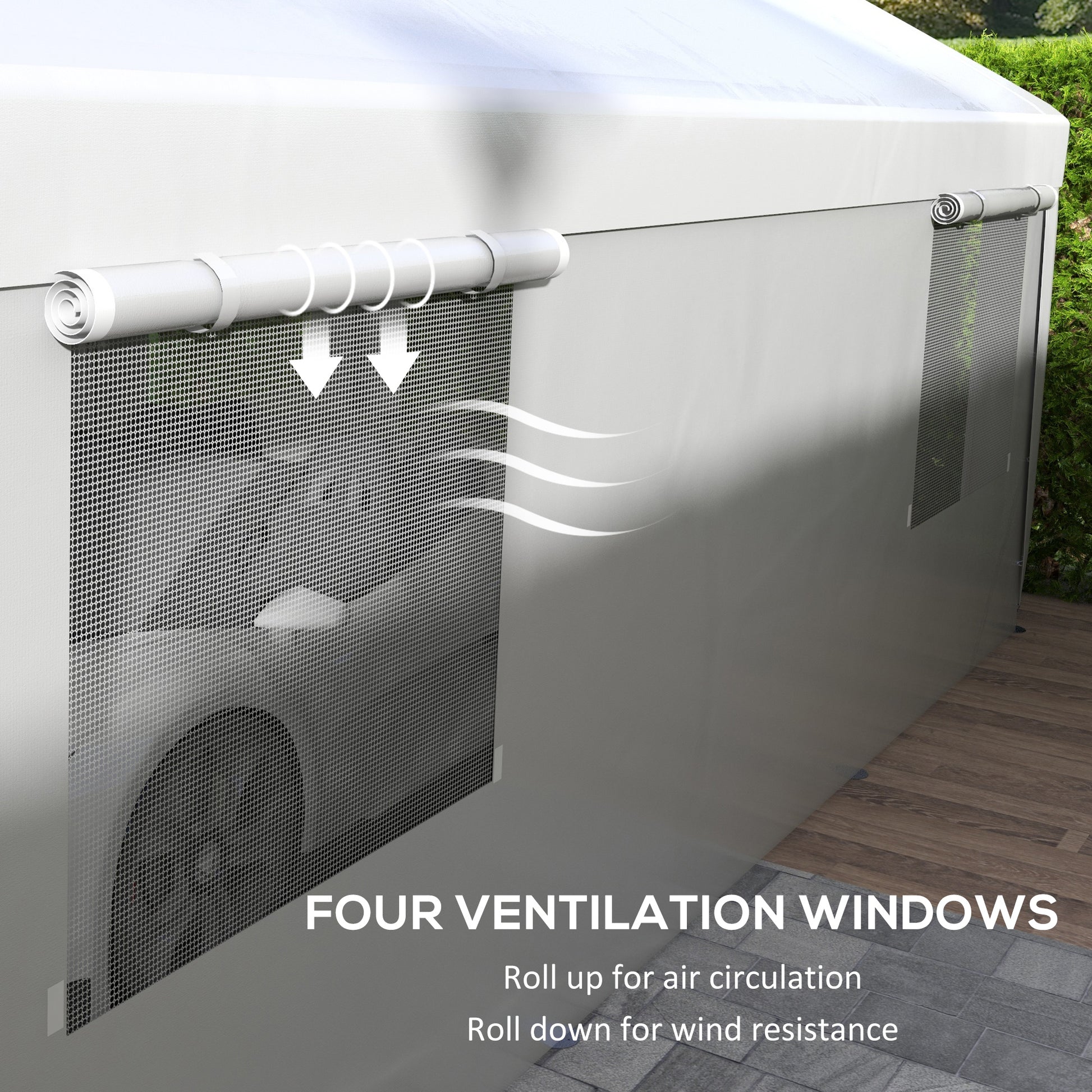 White party tent with rolledup mesh window for ventilation and wind resistance