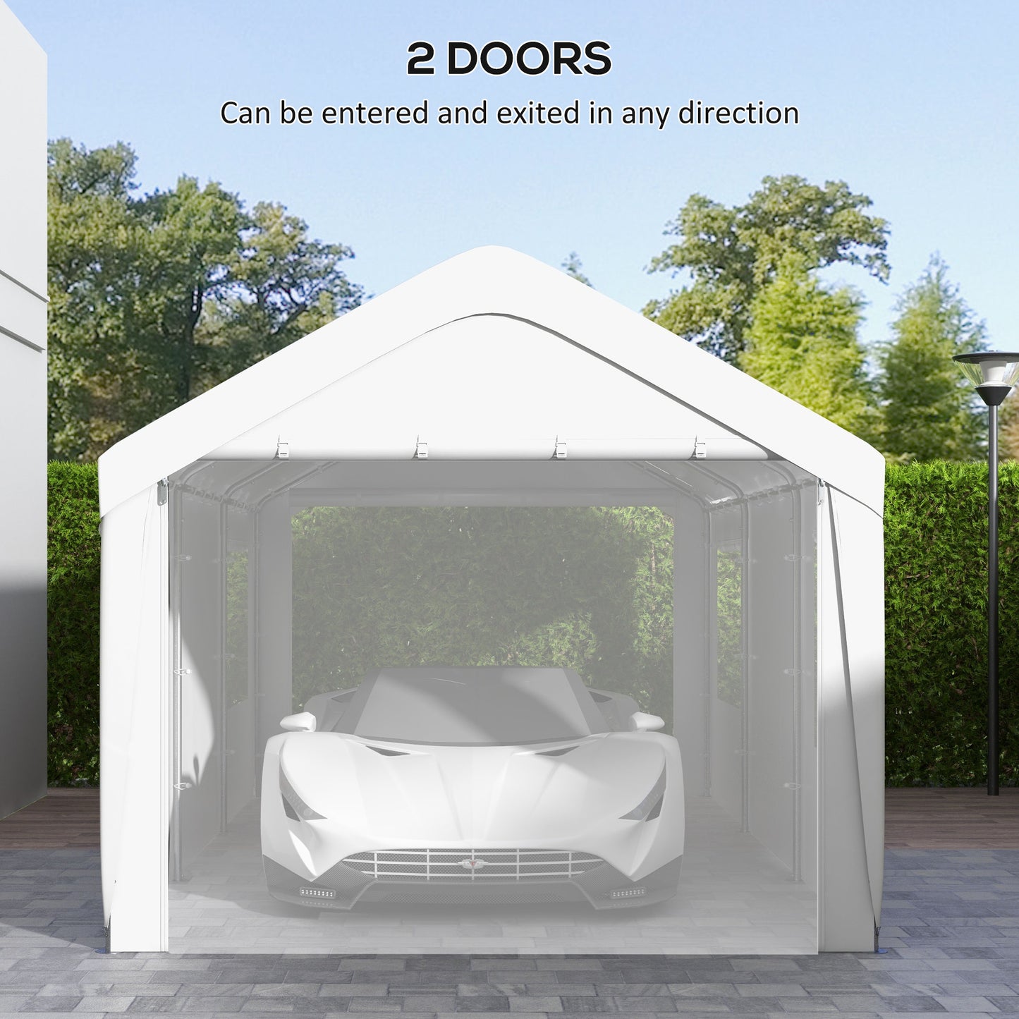 White car storage tent with two doors providing shelter for vehicles
