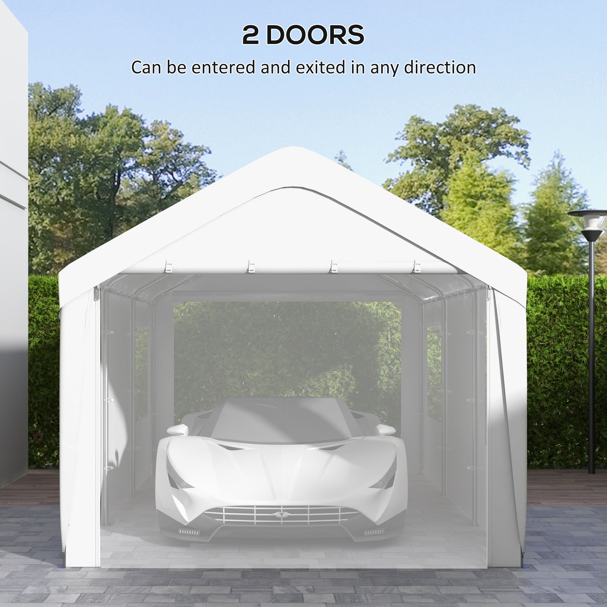 White car storage tent with two doors providing shelter for vehicles
