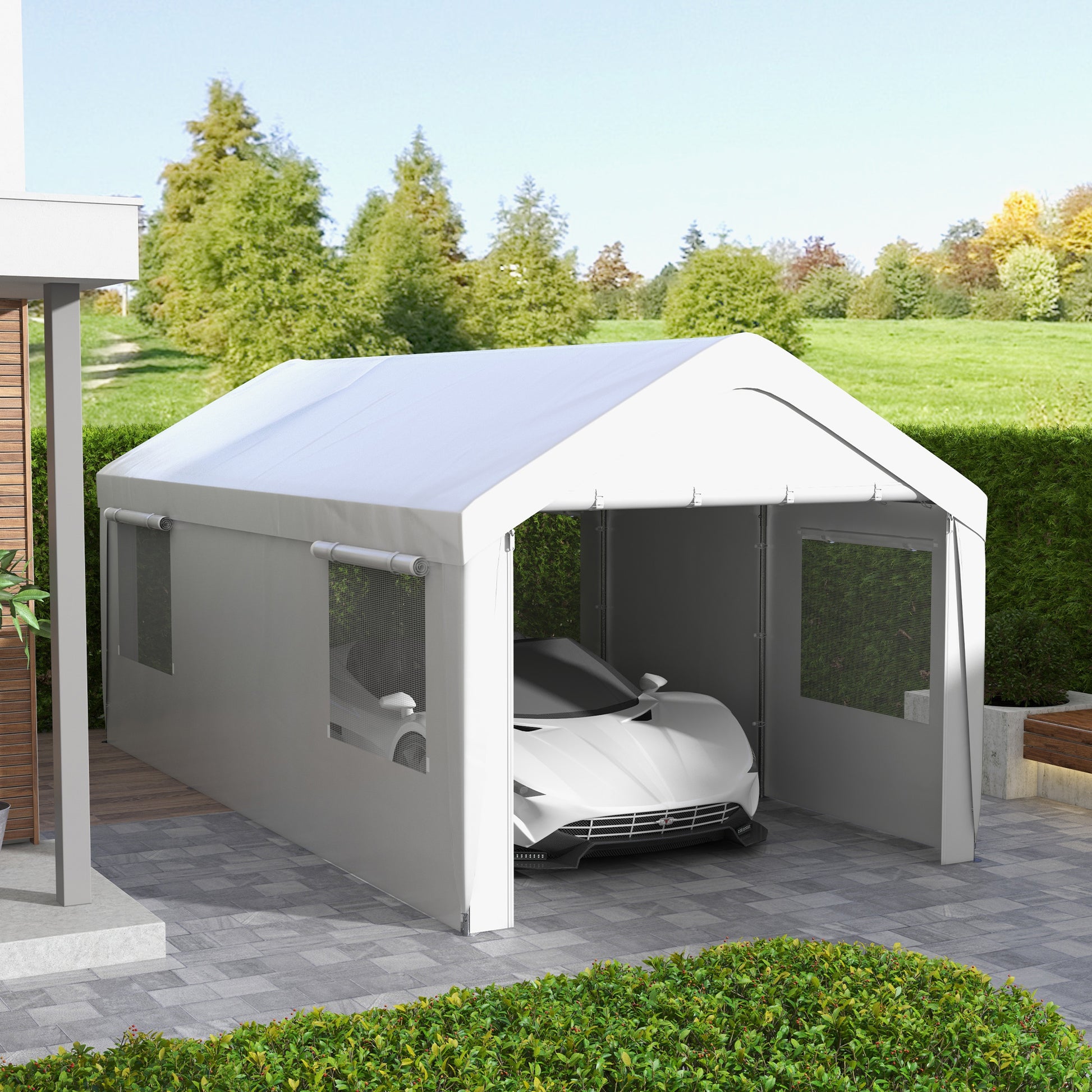 White portable garage protecting a sleek white sports car from elements