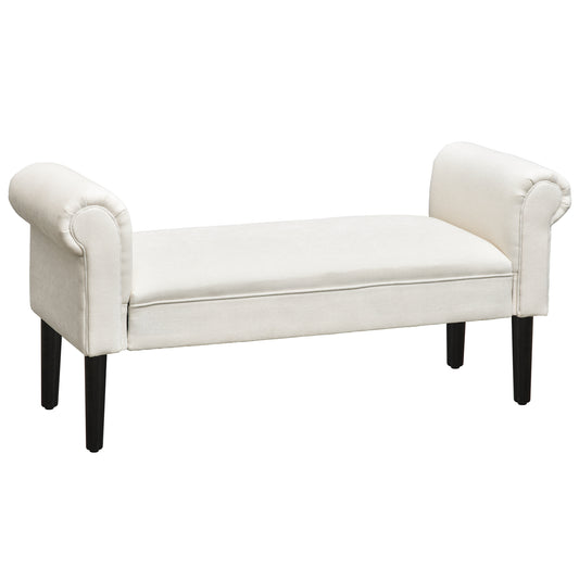 Offwhite upholstered accent bench with rolled arms and dark wood legs