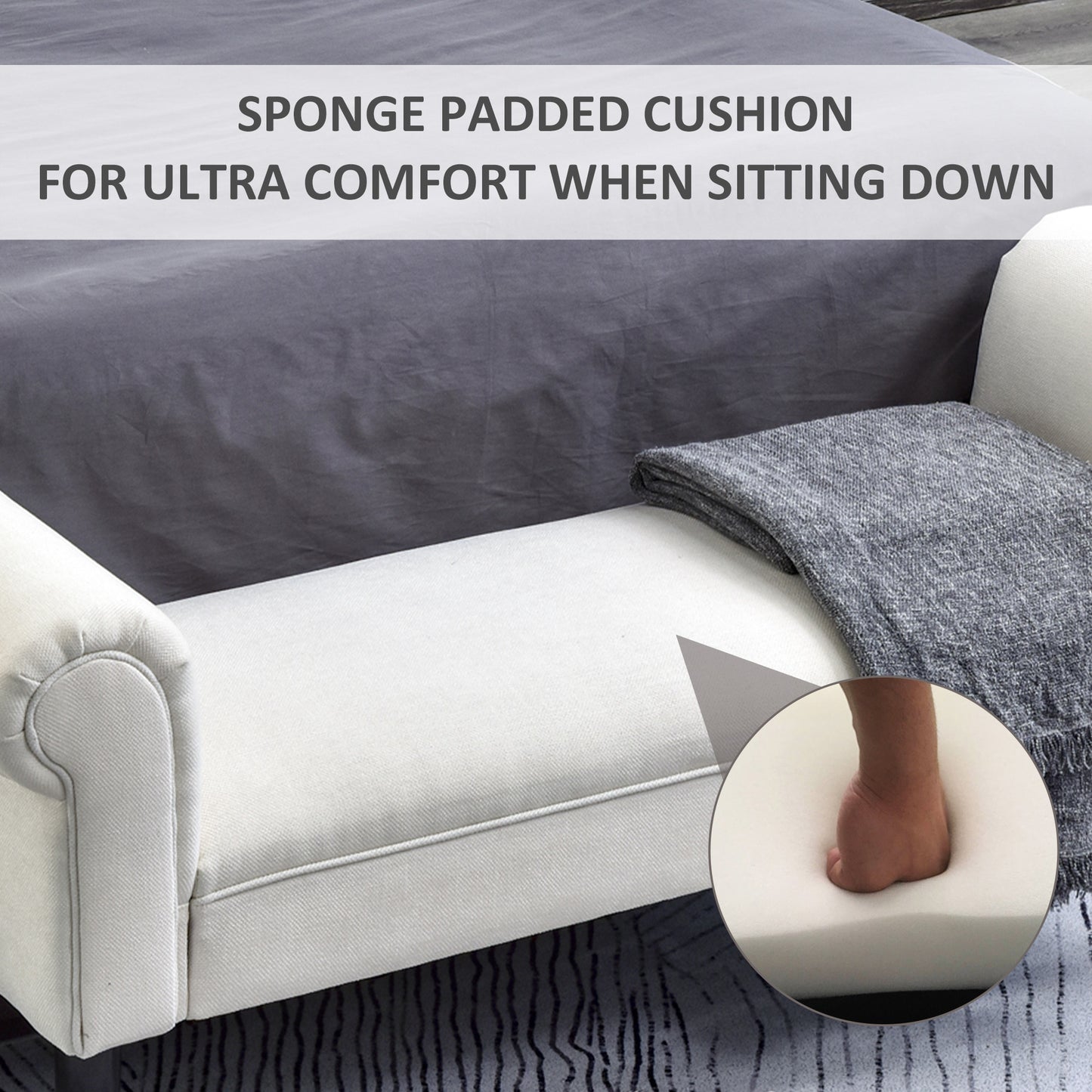 Cream upholstered chaise lounge showing comfortable sponge cushion