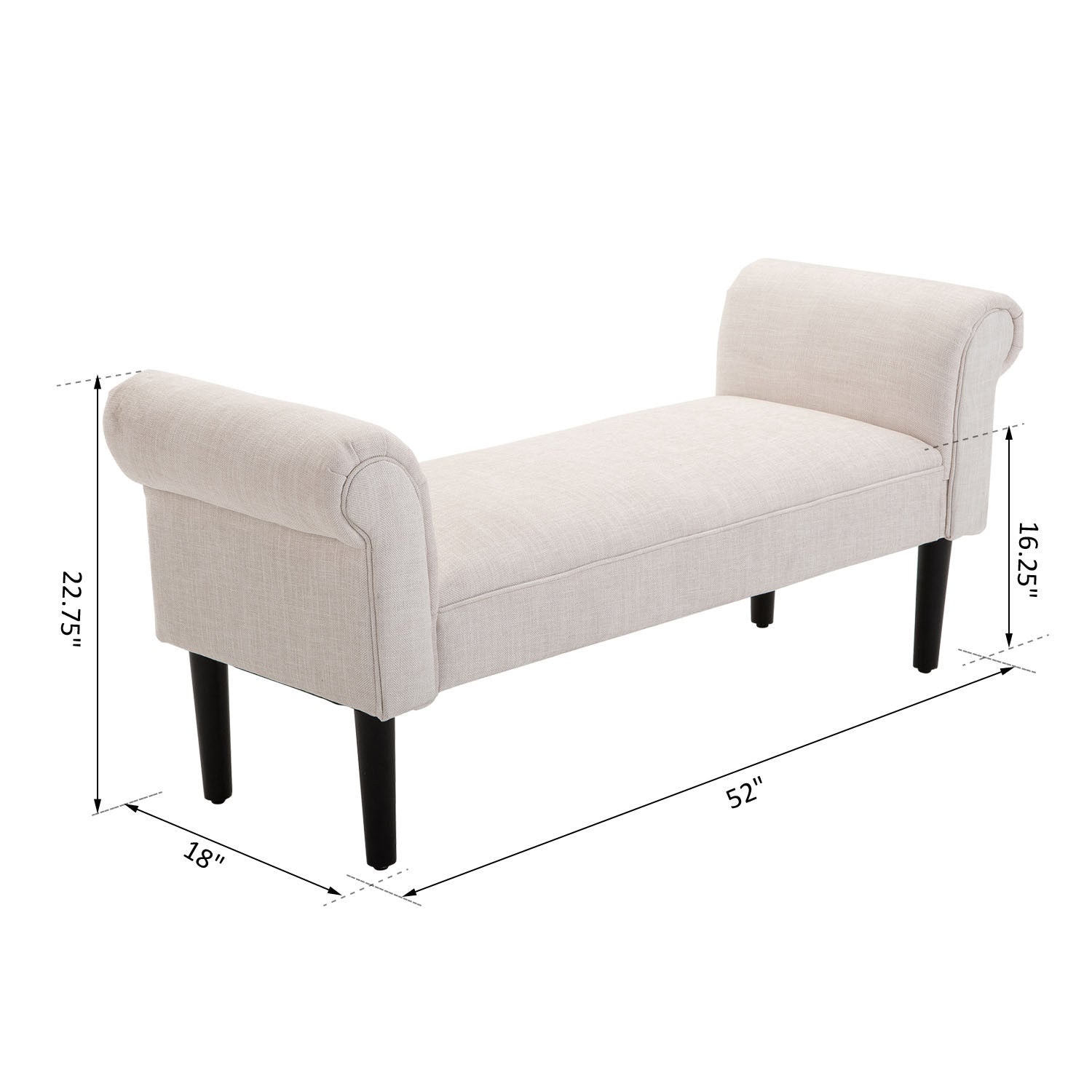 Beige linen upholstered bench with rolled arms and black tapered legs