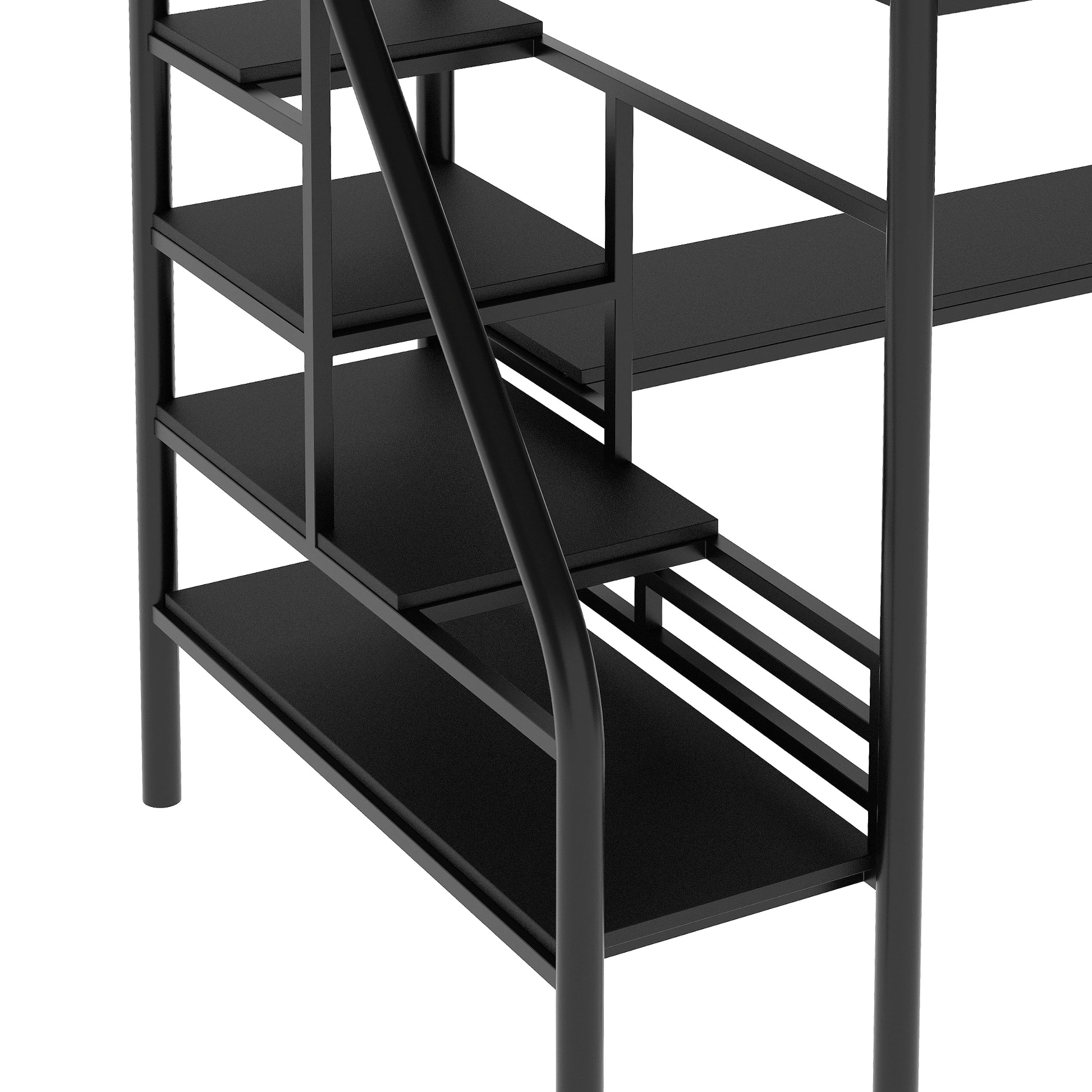 Black metal loft bed ladder with staggered steps and railing