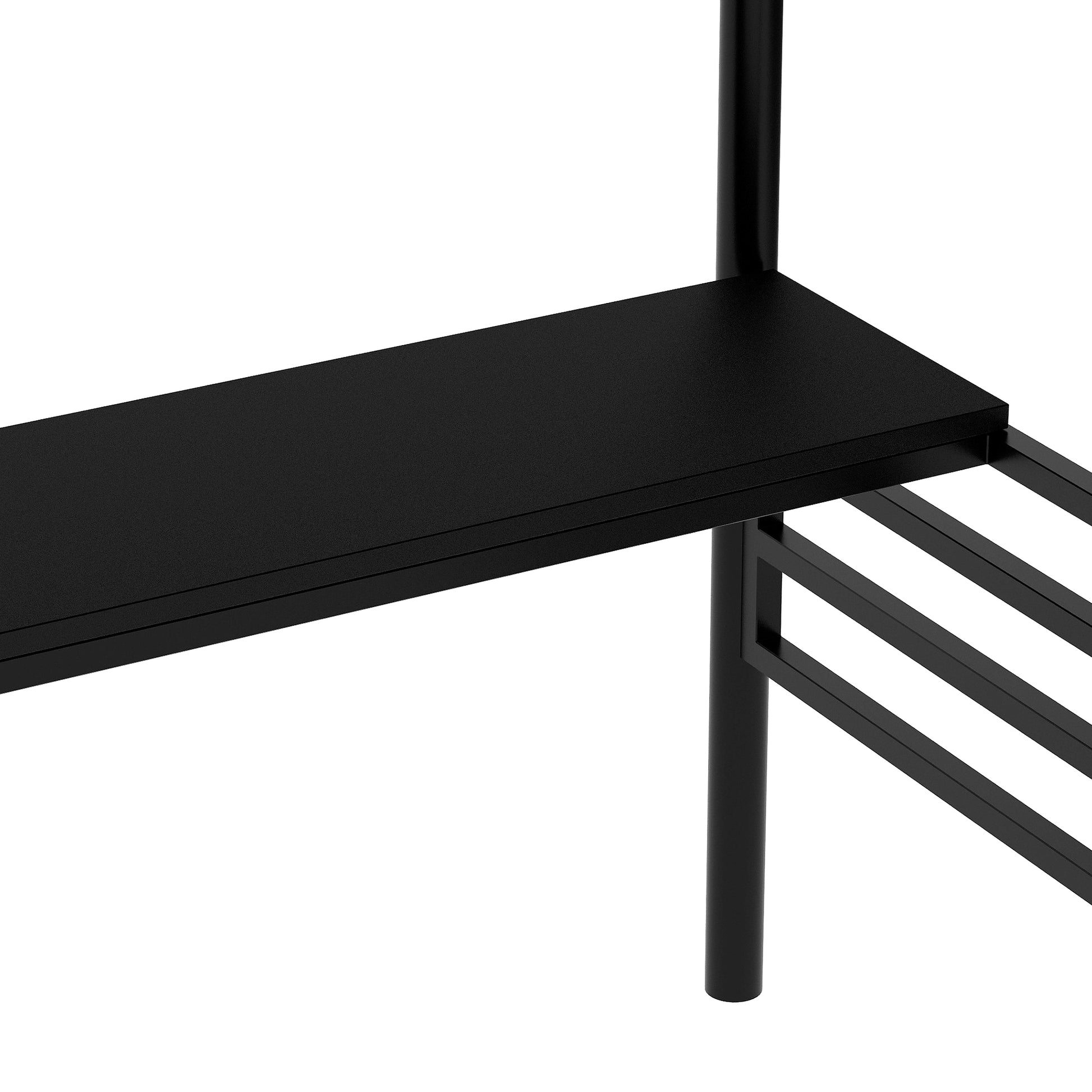 Black metal hall tree shelf with multiple horizontal bars