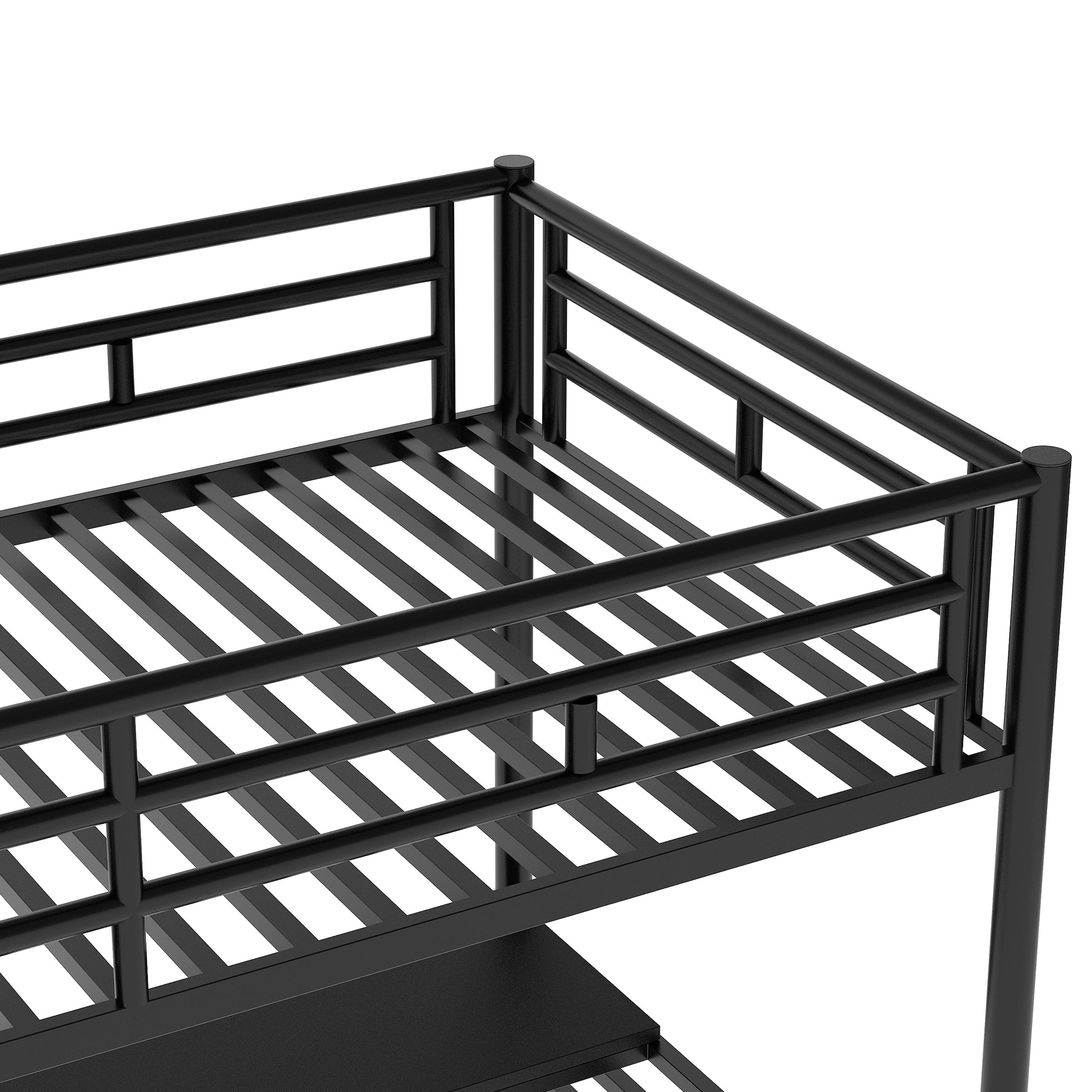 Black metal bunk bed frame with slatted mattress support