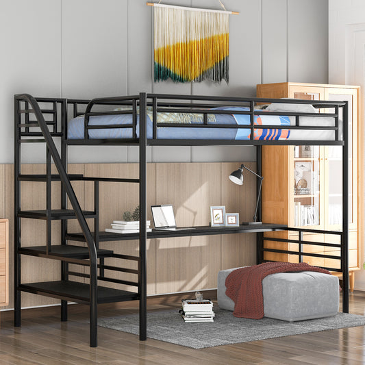 Black metal loft bed with stairs and integrated desk