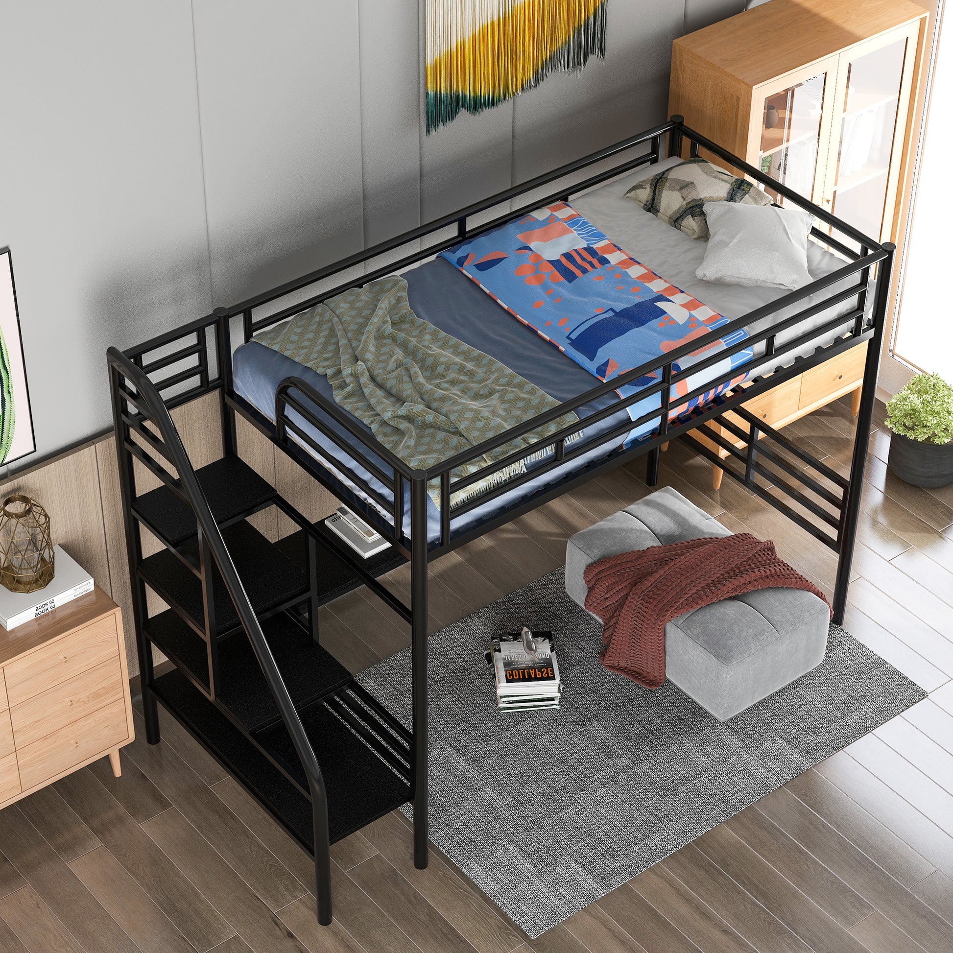 Black metal twin loft bed with integrated ladder and storage shelves