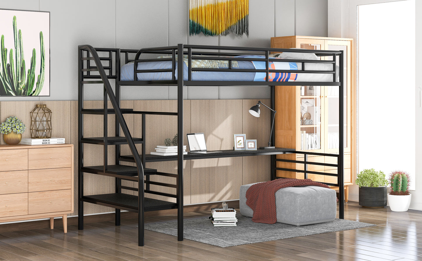 Black metal twin loft bed with integrated desk and ladder