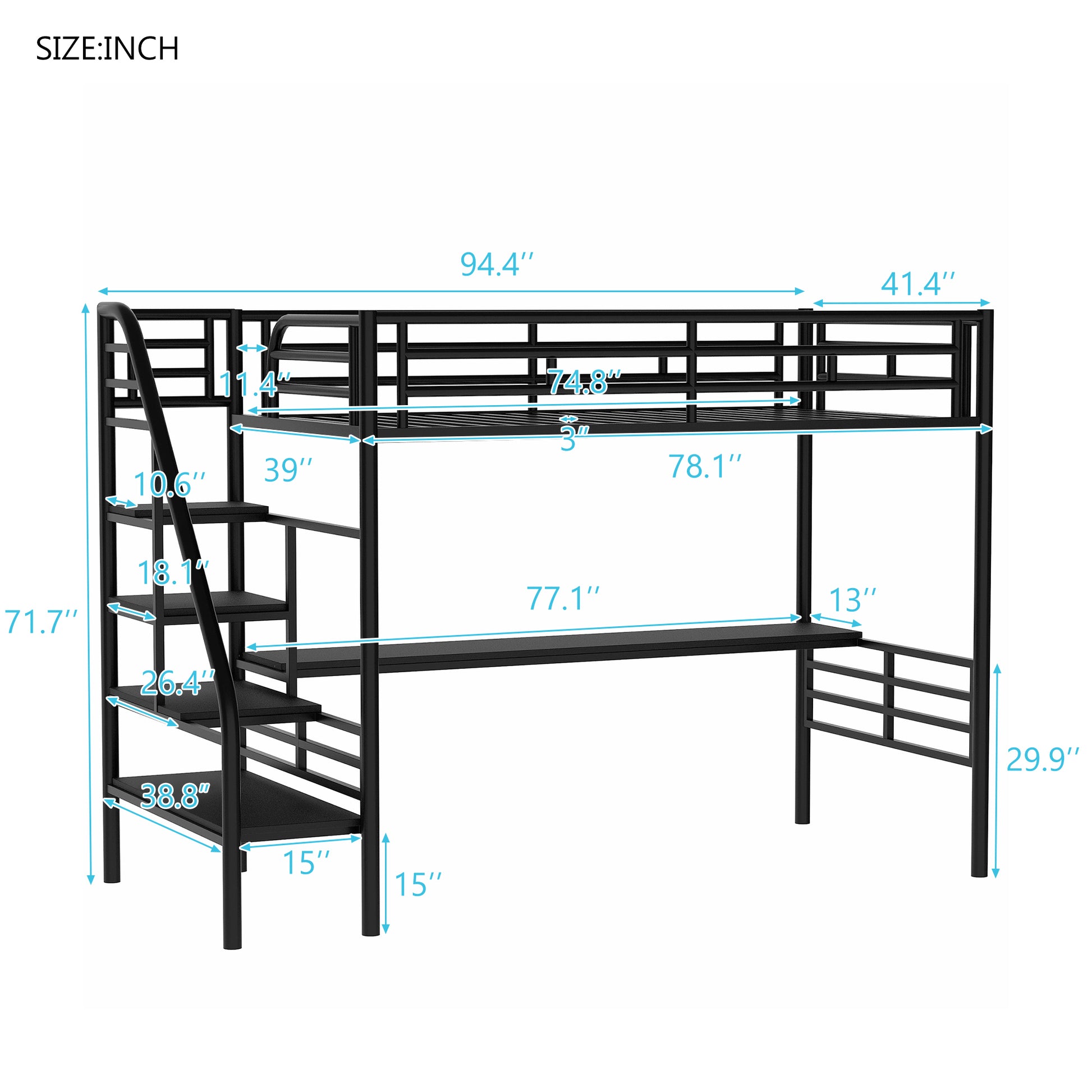 Black metal loft bed with integrated desk and stairs