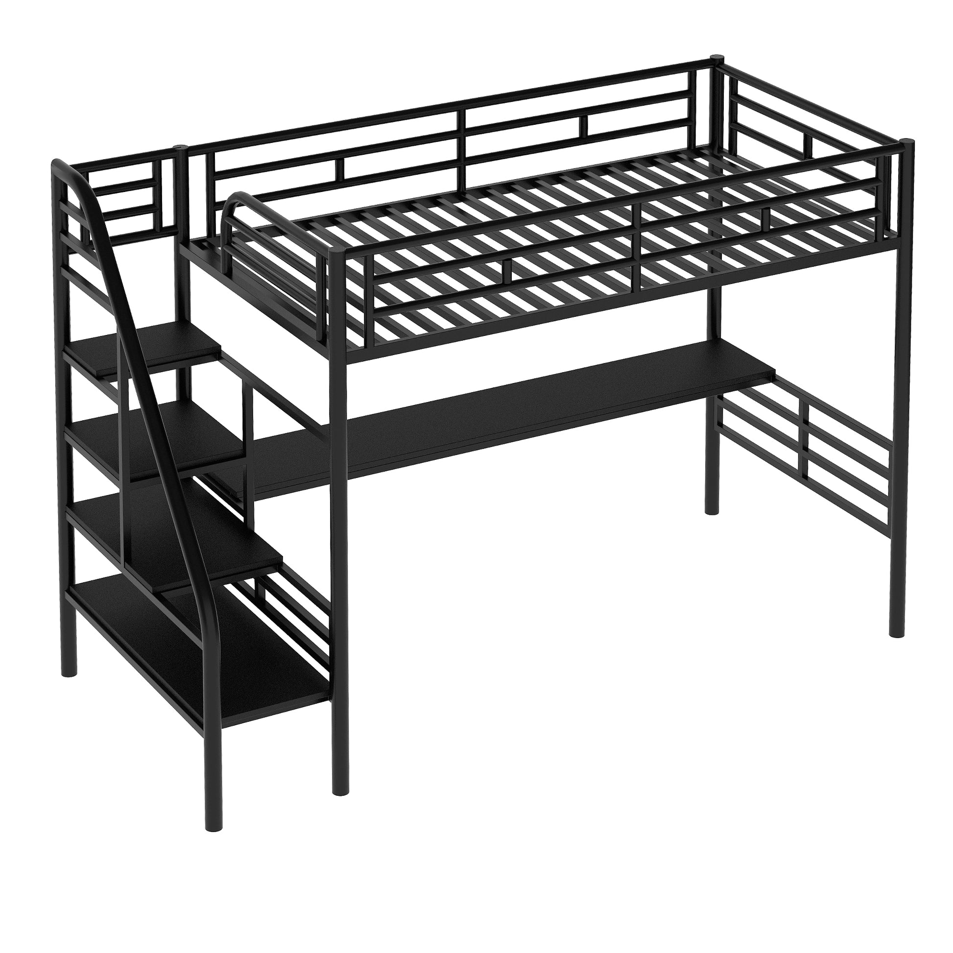 Black metal loft bed with integrated desk and ladder for spacesaving bedroom