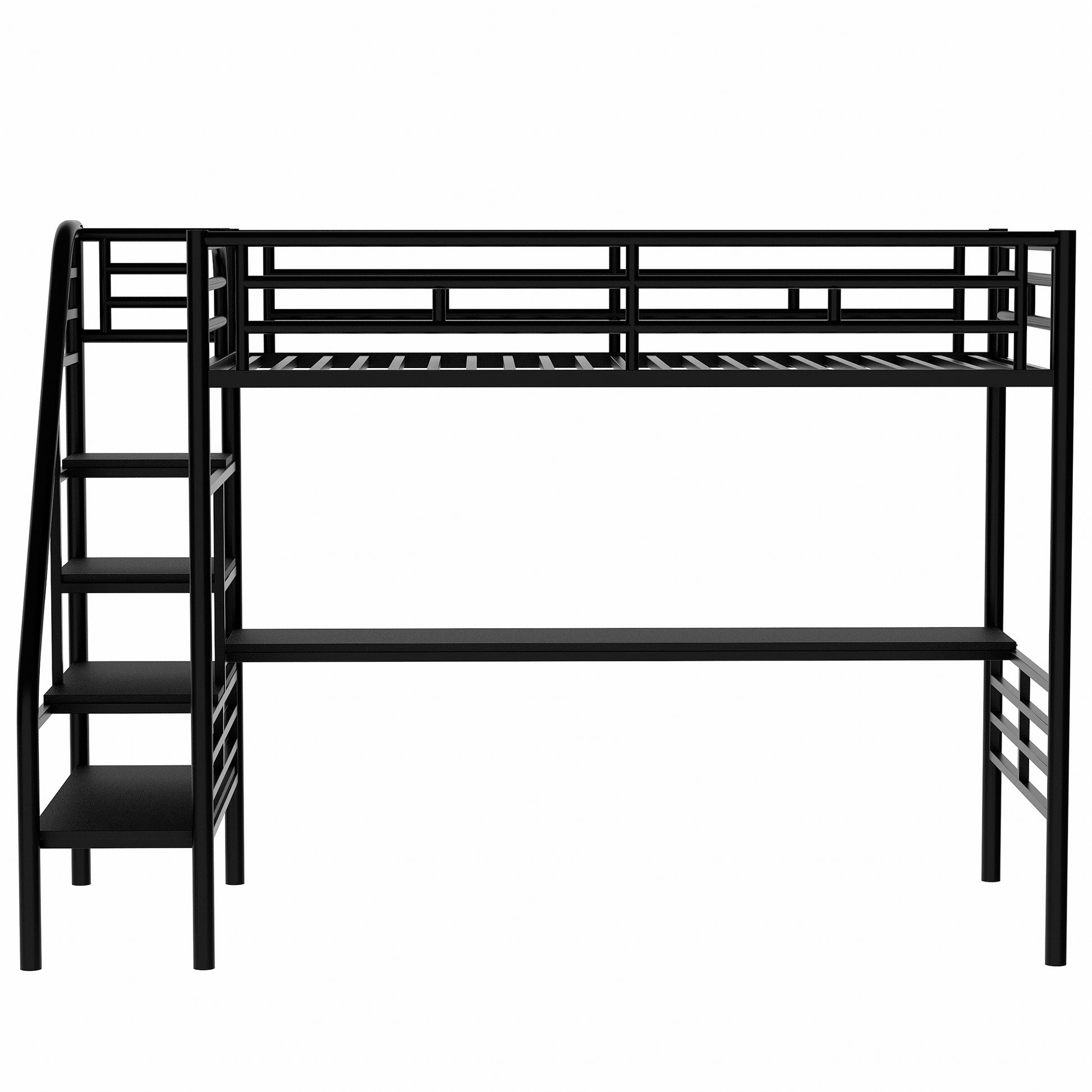 Black metal loft bed with integrated desk and ladder for kids