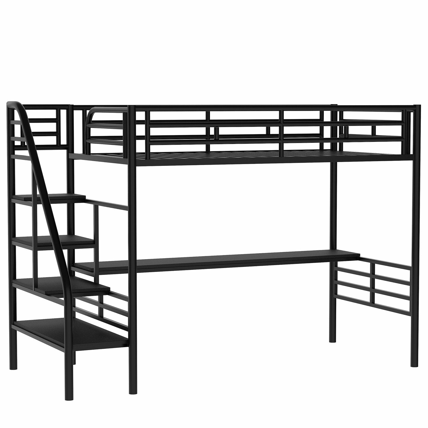 Black metal loft bed with desk and ladder