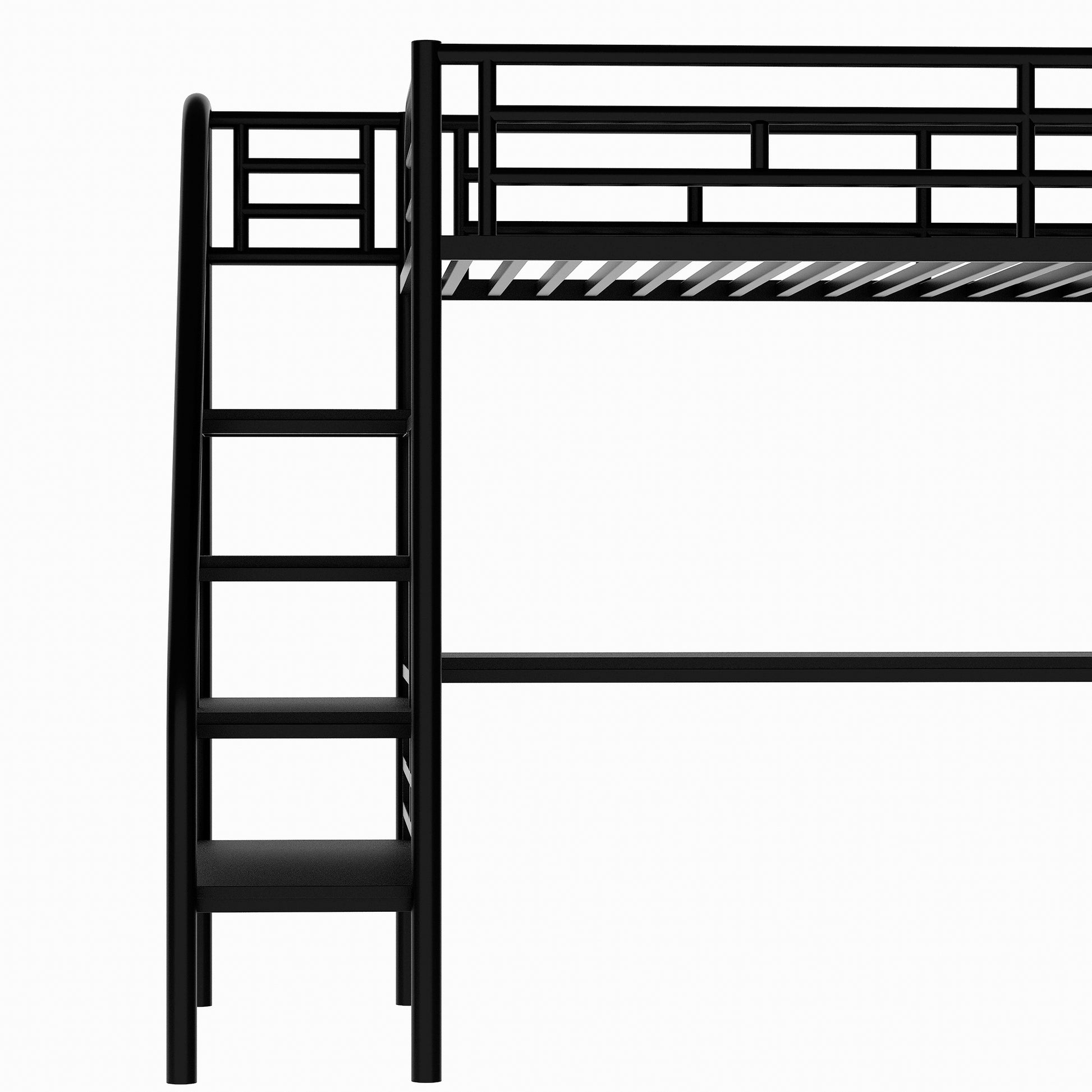 Black metal loft bed frame with integrated desk and ladder