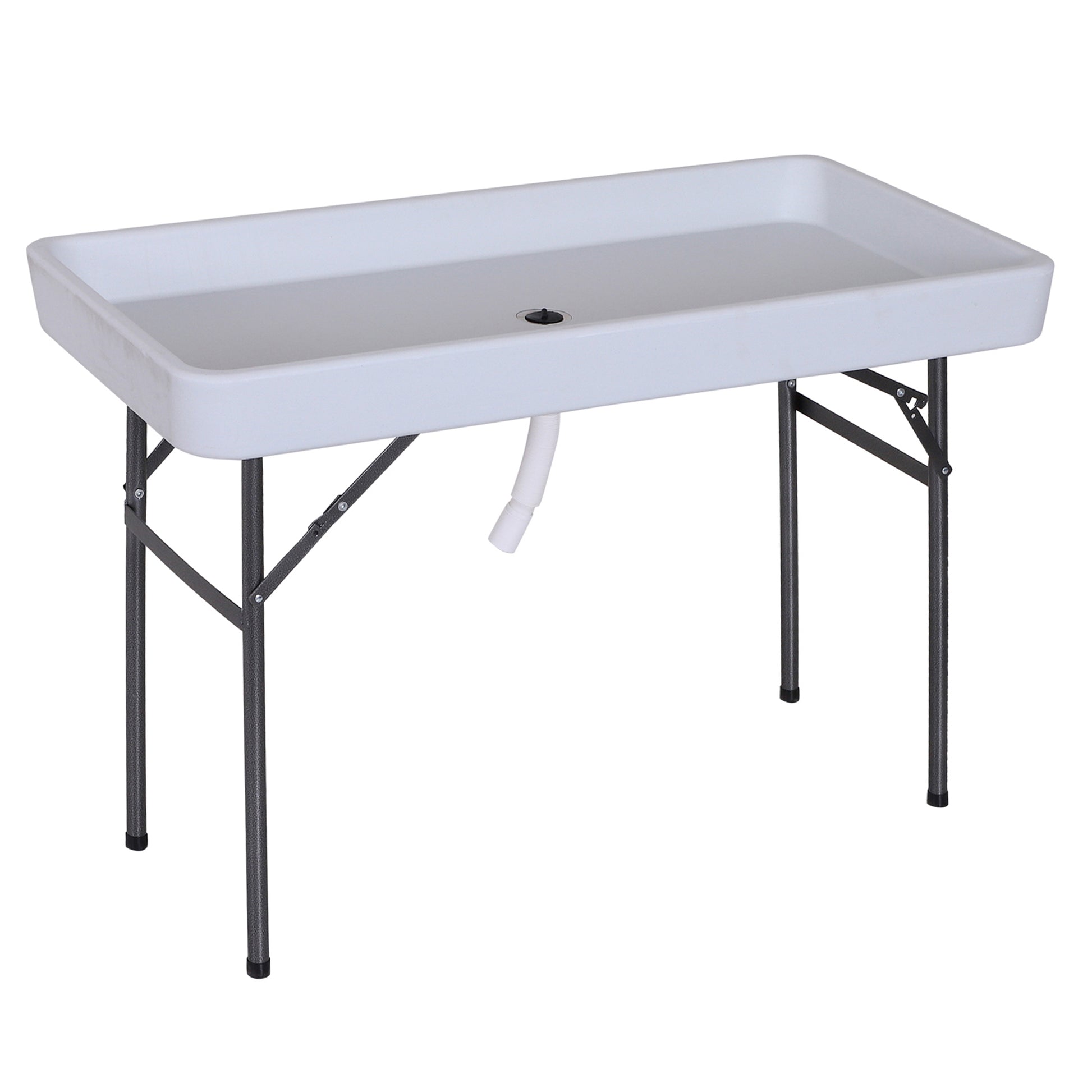 Portable white plastic wash basin with foldable metal legs and drain pipe