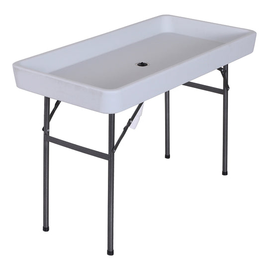 White folding fish cleaning table with drain plug and metal legs