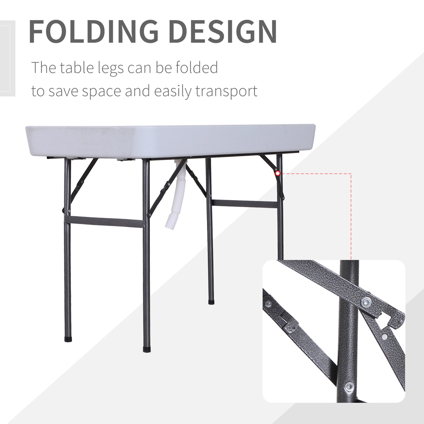 White portable sink with folding grey metal legs and drain pipe