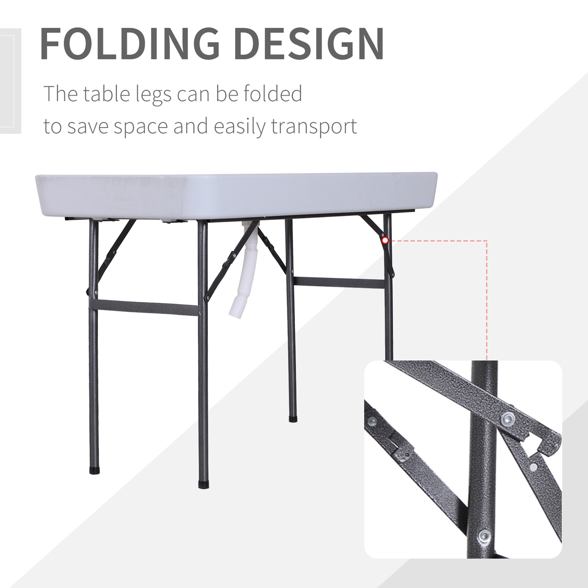 White portable sink with folding grey metal legs and drain pipe