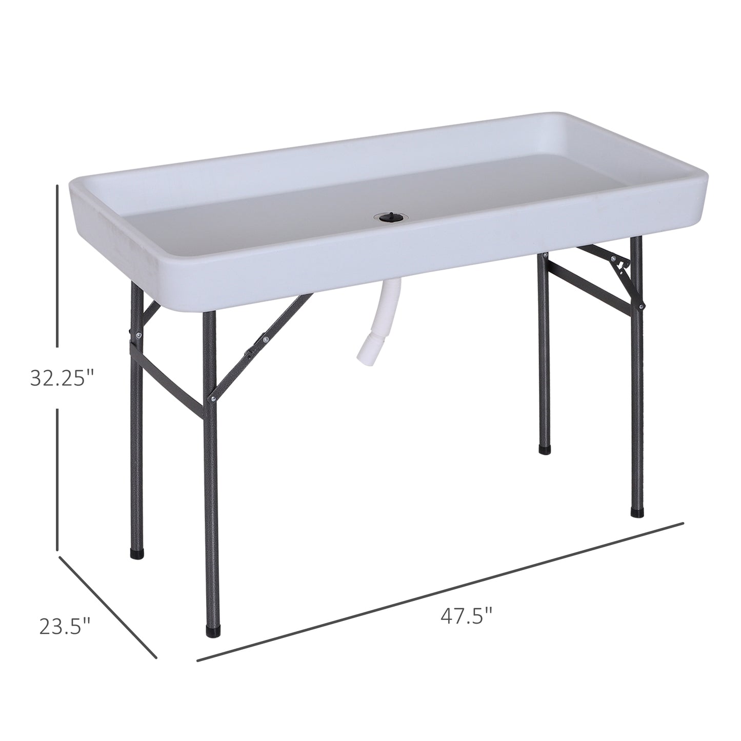 White plastic folding utility sink with drain hose and metal legs for outdoor use