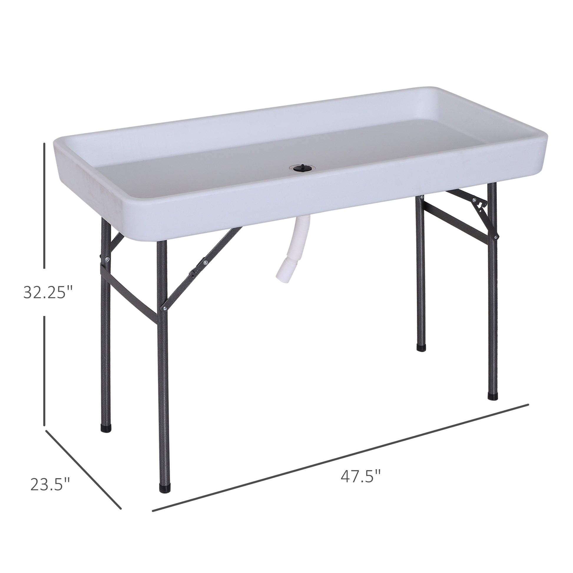 White plastic folding utility sink with drain hose and metal legs for outdoor use