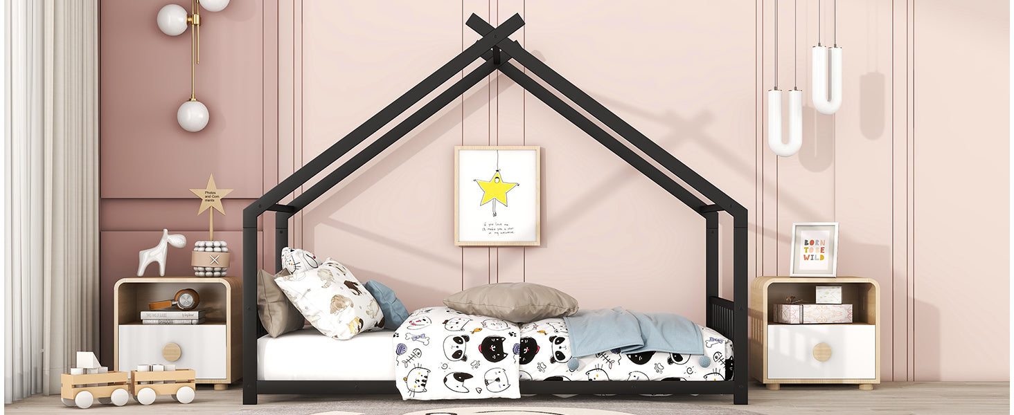 Black house bed frame with playful animal bedding and pillows