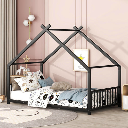 Black metal house bed frame with playful panda and cat bedding