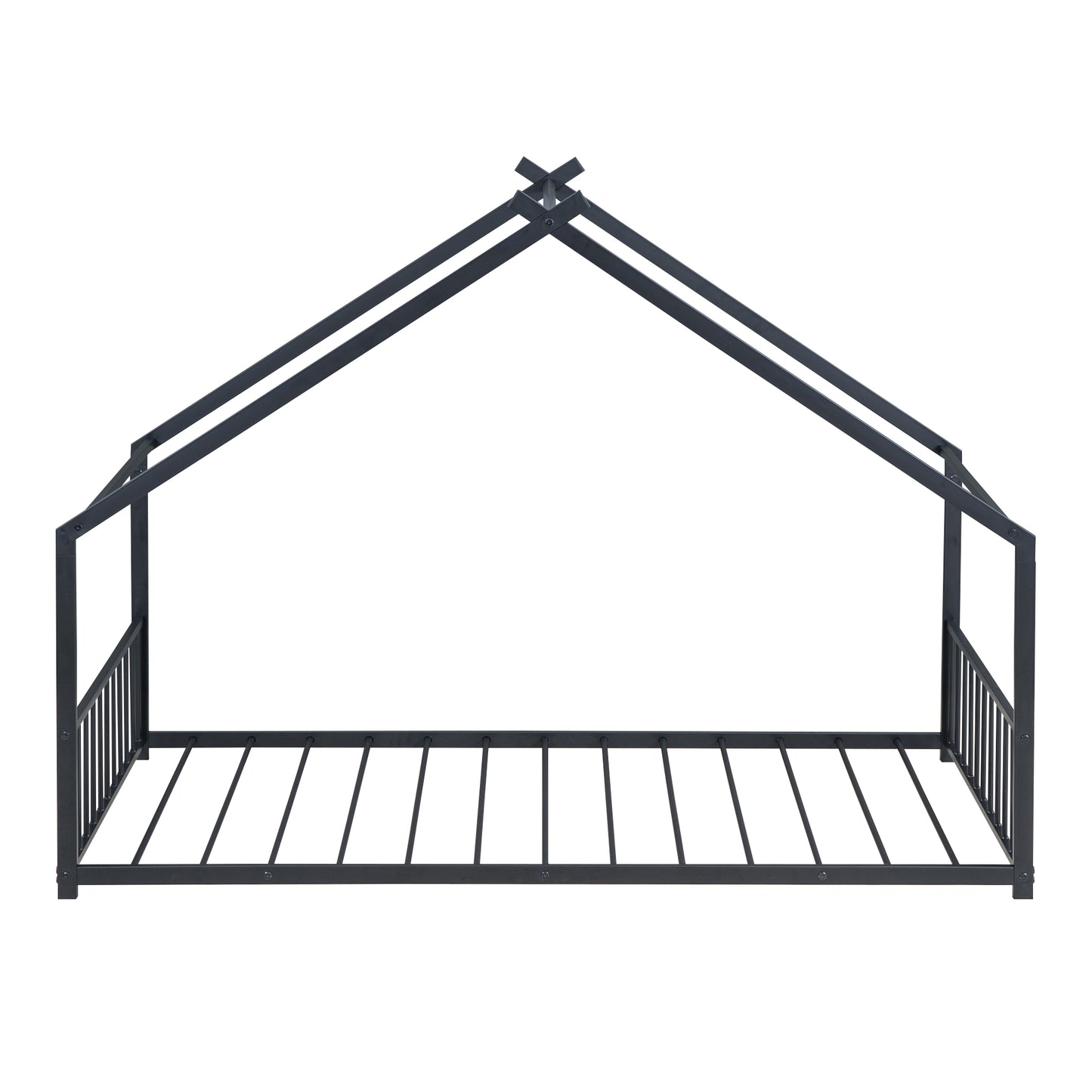 Modern black metal house bed frame with pitched roof design