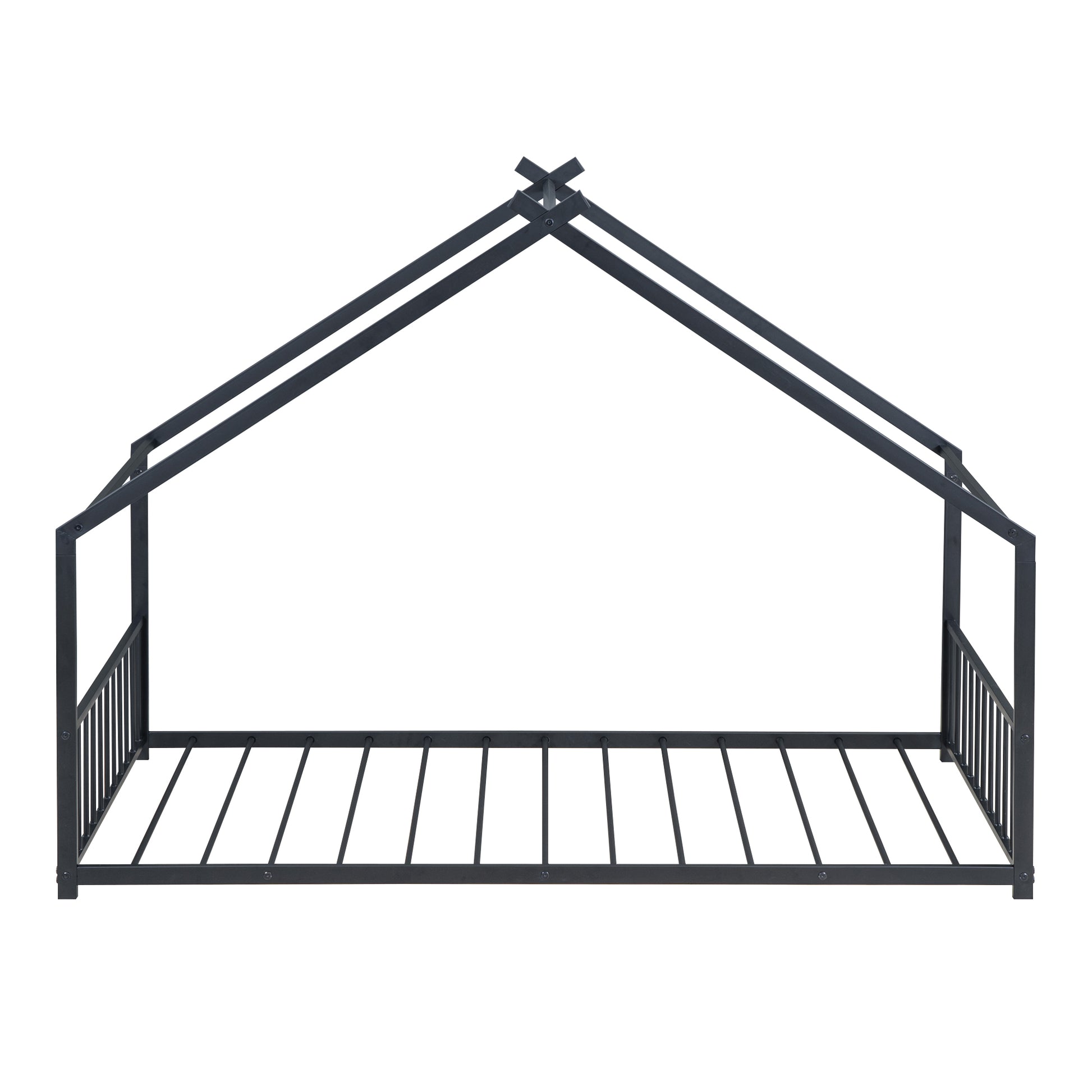 Modern black metal house bed frame with pitched roof design