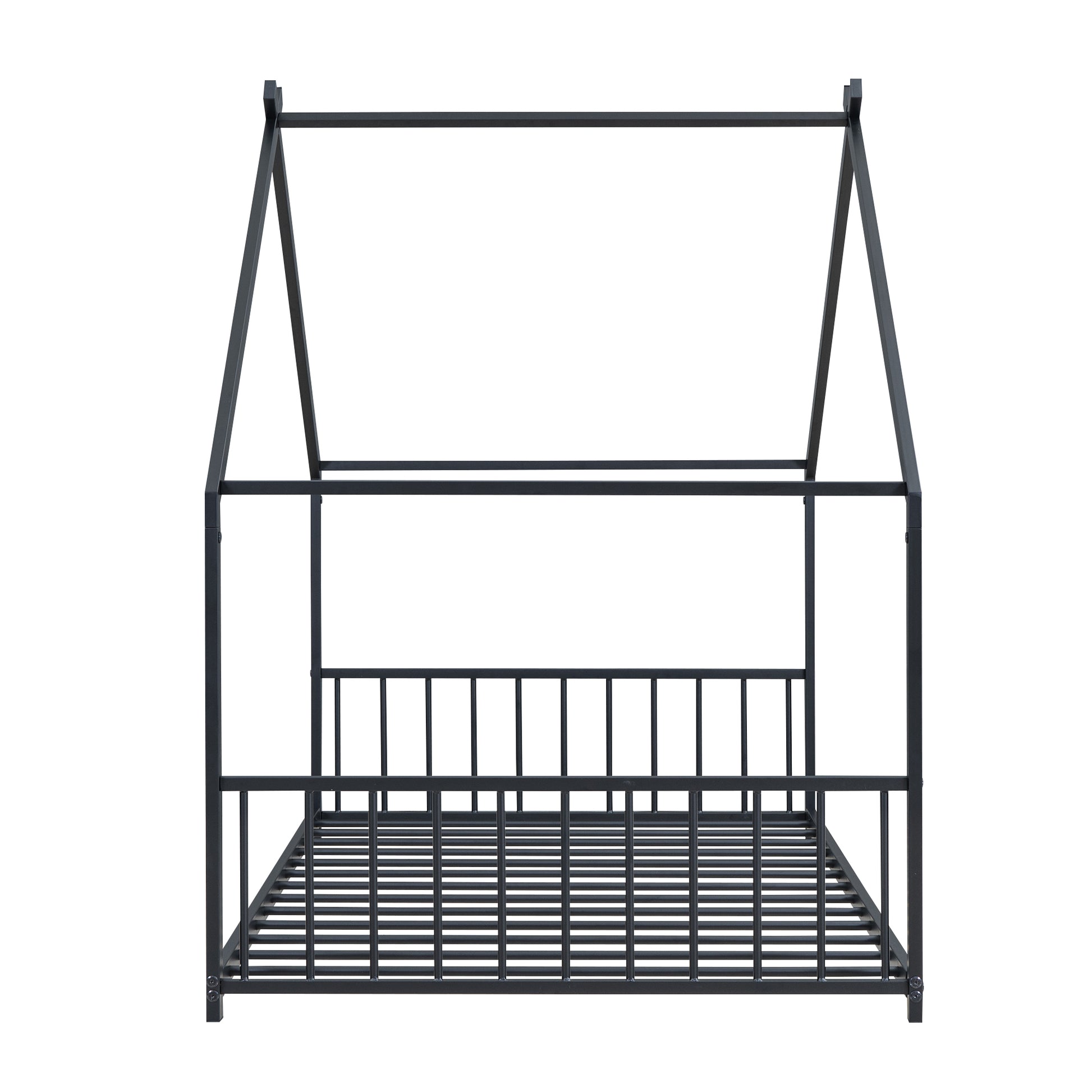 Black metal twin house bed frame with peaked roof design and slatted base