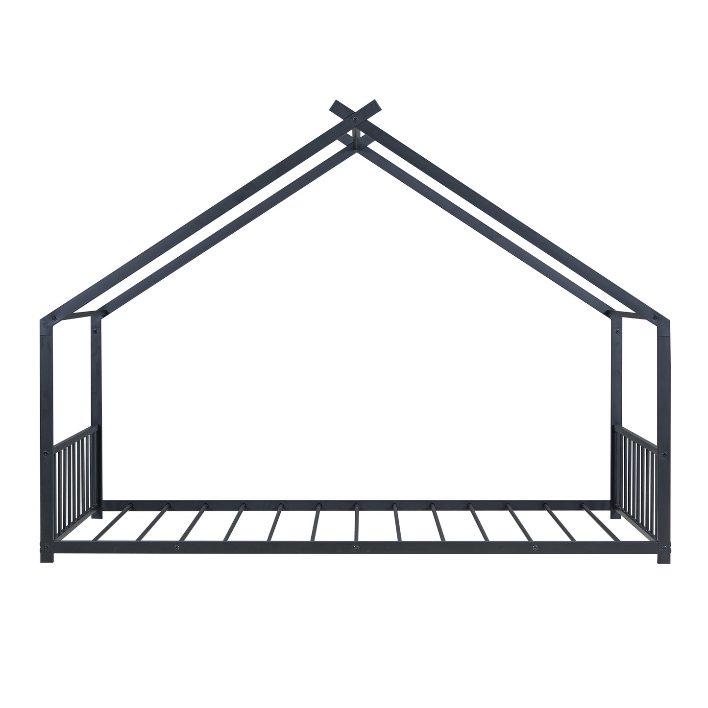 Dark gray metal houseshaped twin bed frame with slatted base and vertical side rails