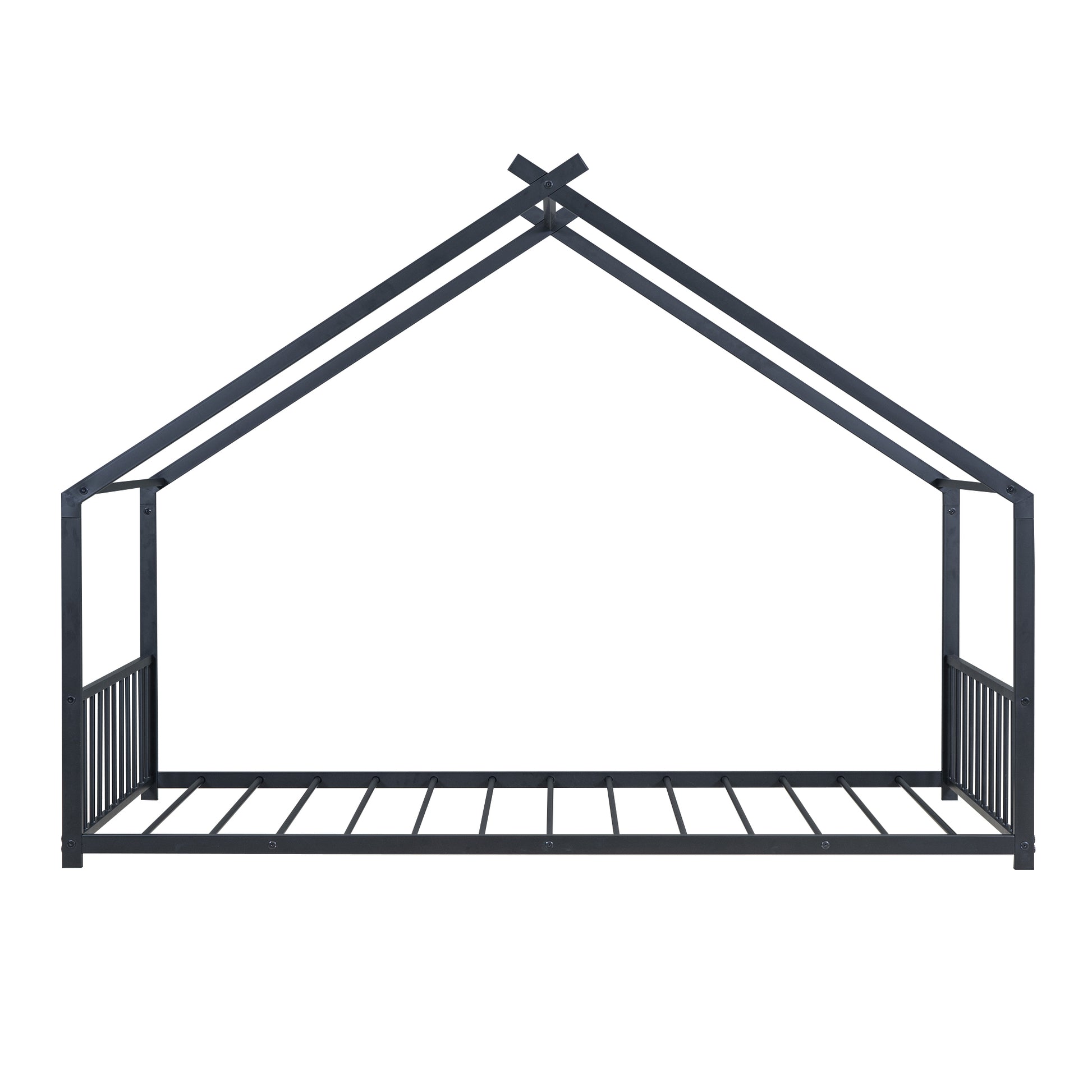 Dark gray metal houseshaped twin bed frame with slatted base and vertical side rails