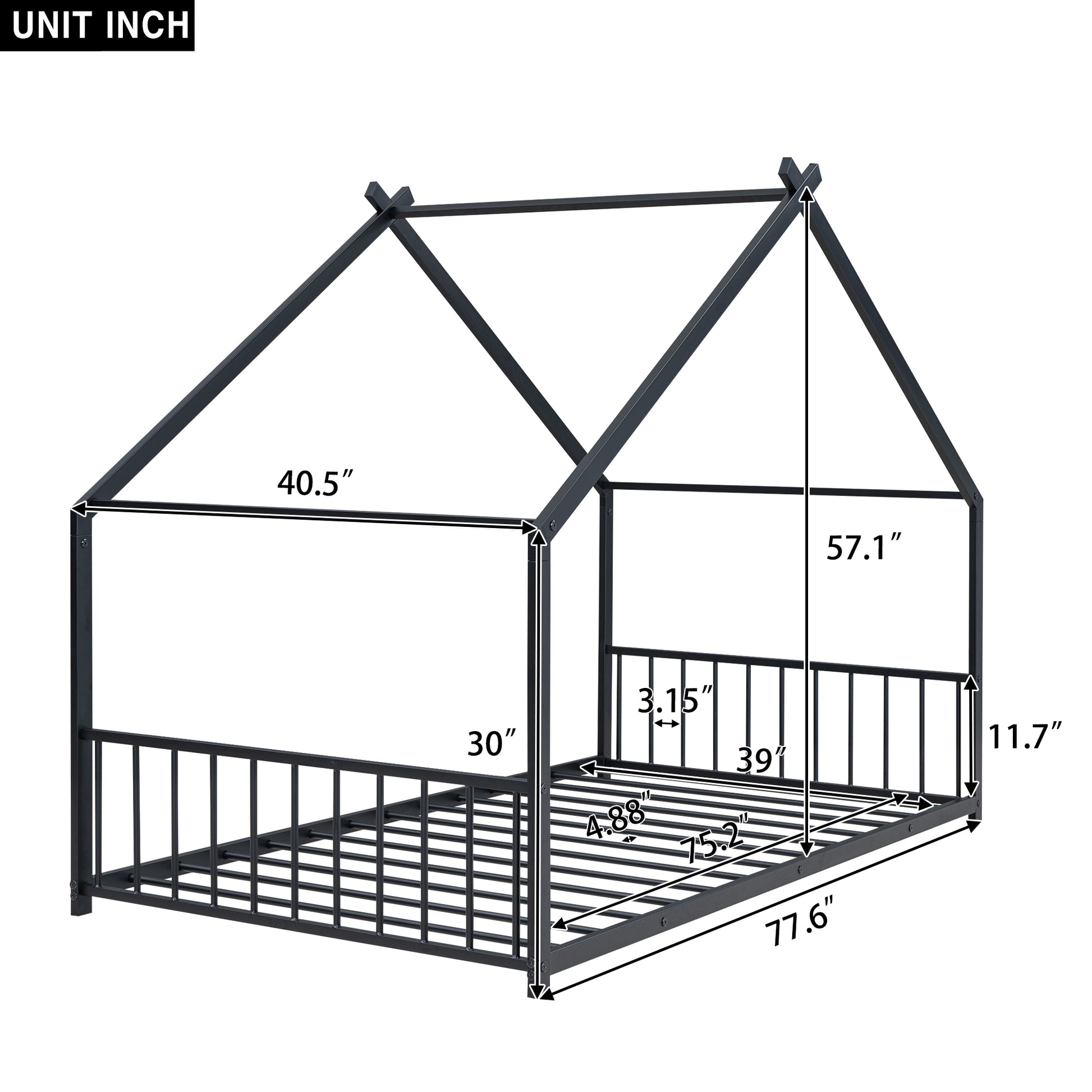 Black metal house frame twin bed with dimensions labeled