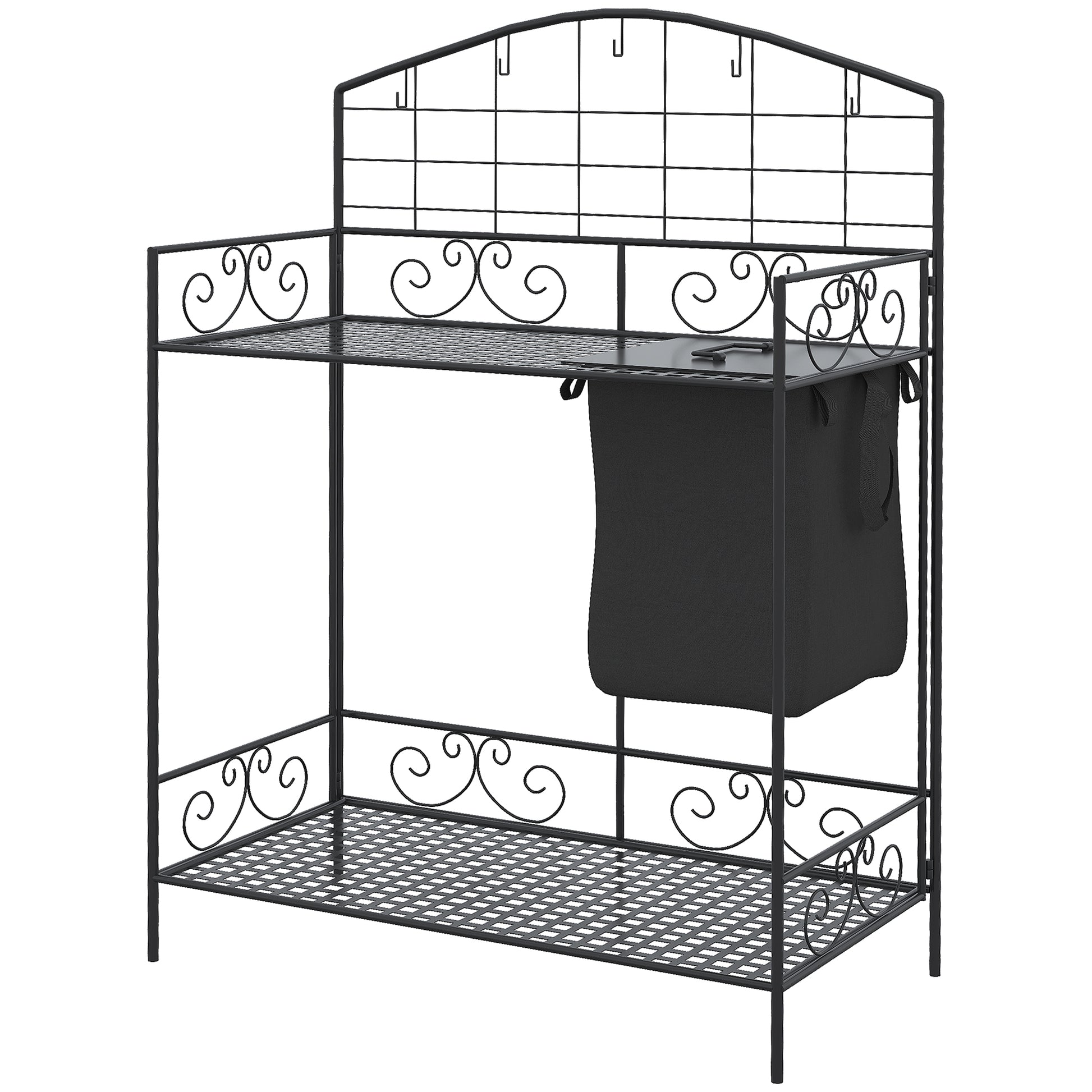 Black wrought iron potting bench with decorative scrollwork and integrated hanging bag